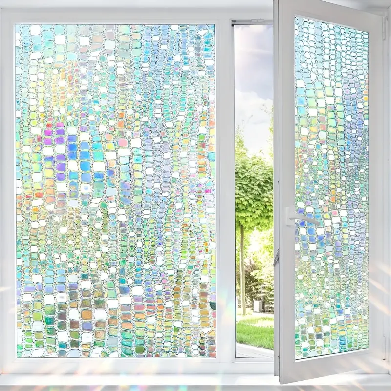 1PC Window Privacy Film – Colorful Rainbow Stained Glass Effect, Sun-Blocking & Decorative 3D Static Cling for Home Bathrooms, Household Decoration Supplies