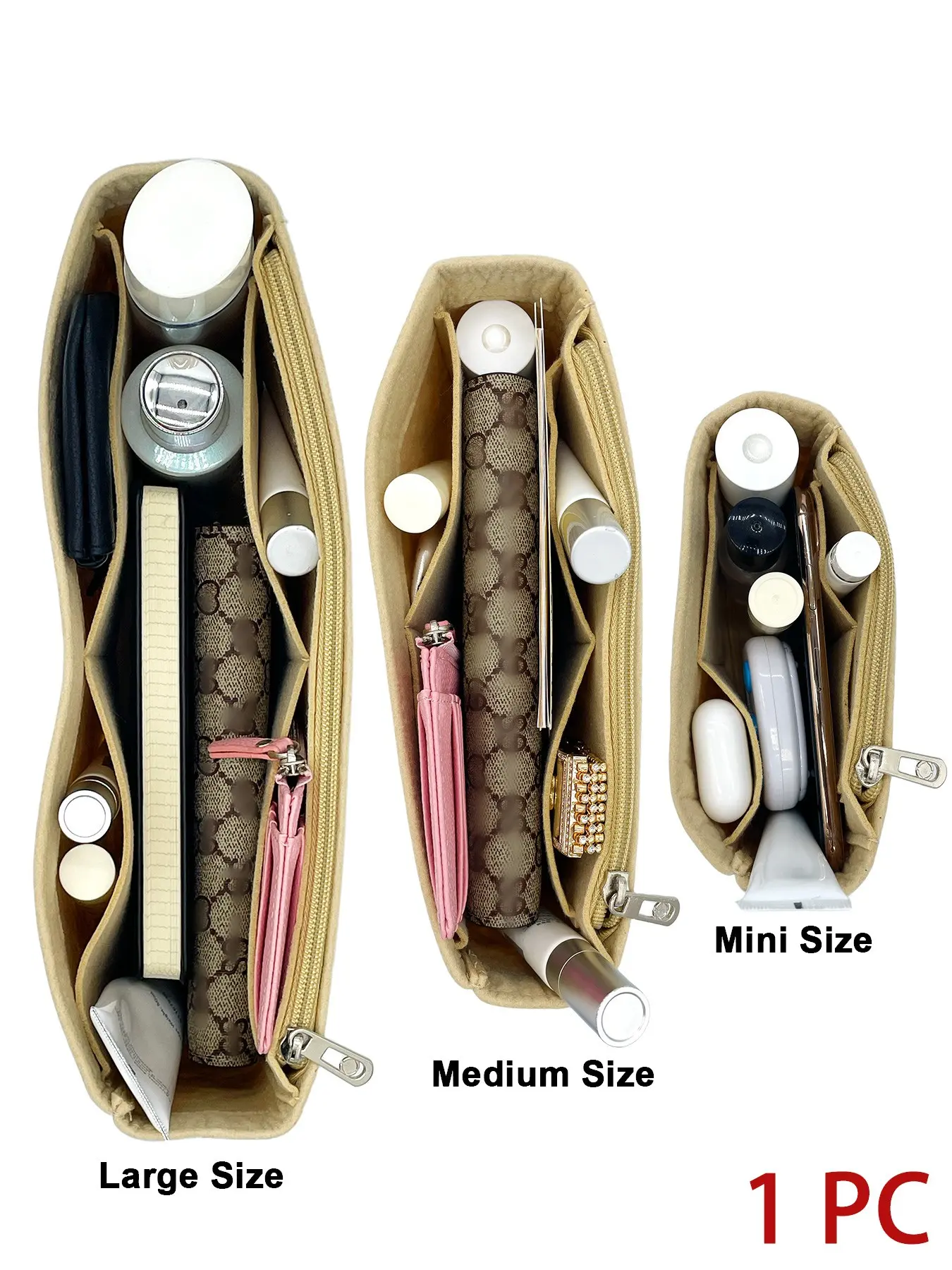 Felt Purse Organizer Insert Fits for Baguette Mini/Medium/Large, Multi Pocket Handbag Liner, Lightweight Bag In Bag Storage Organizer with Zipper Divider