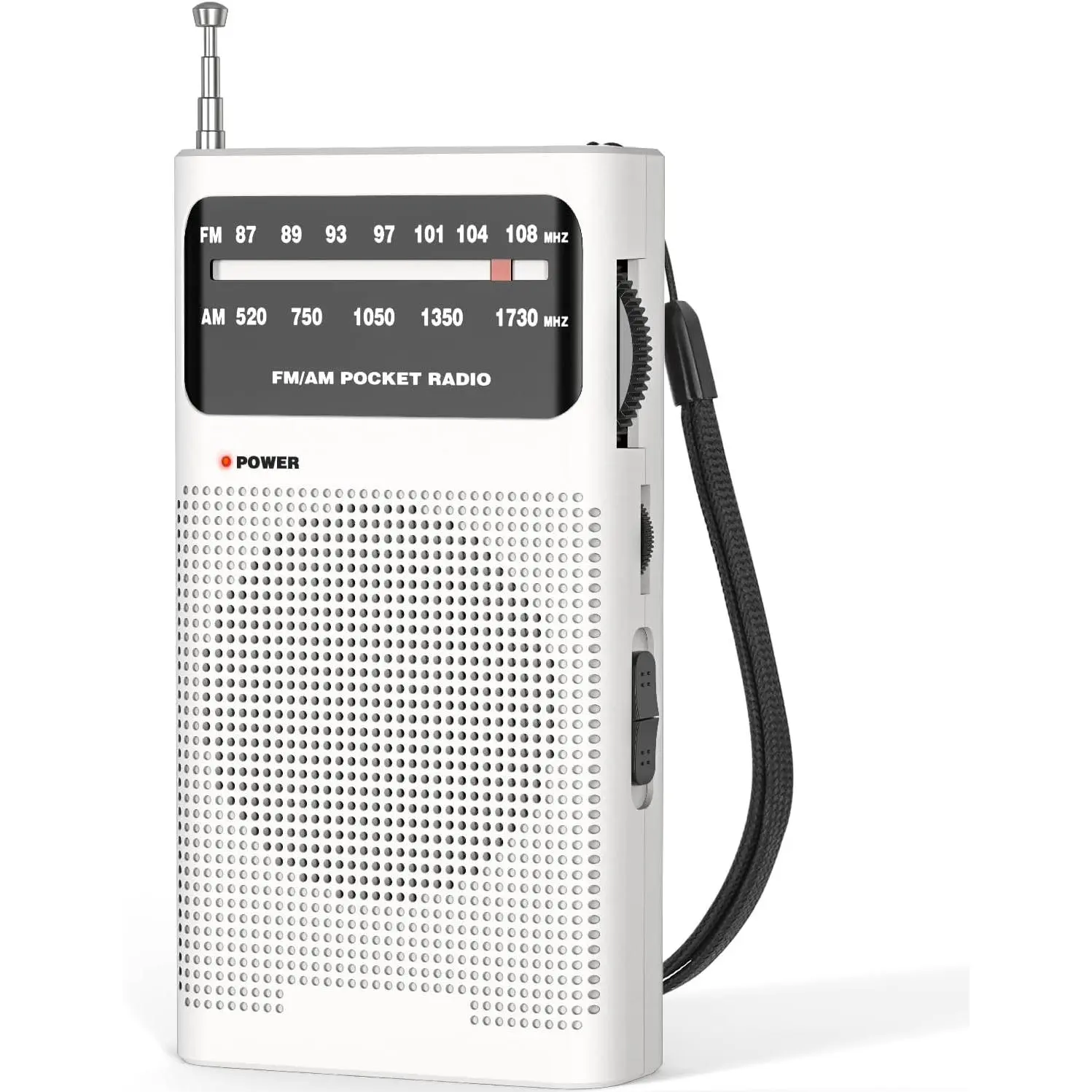 Compact Handheld AM/FM Radio with Toggle Switch, 360-Rotatable 6-Section 16.5-in Antenna, DSP Anti-Jamming Chip, Long Range Reception, Rugged Synthetic Material, Loudspeaker, 3.5mm Audio Jack, 2AA Battery Operation - White Small Gift for Seniors