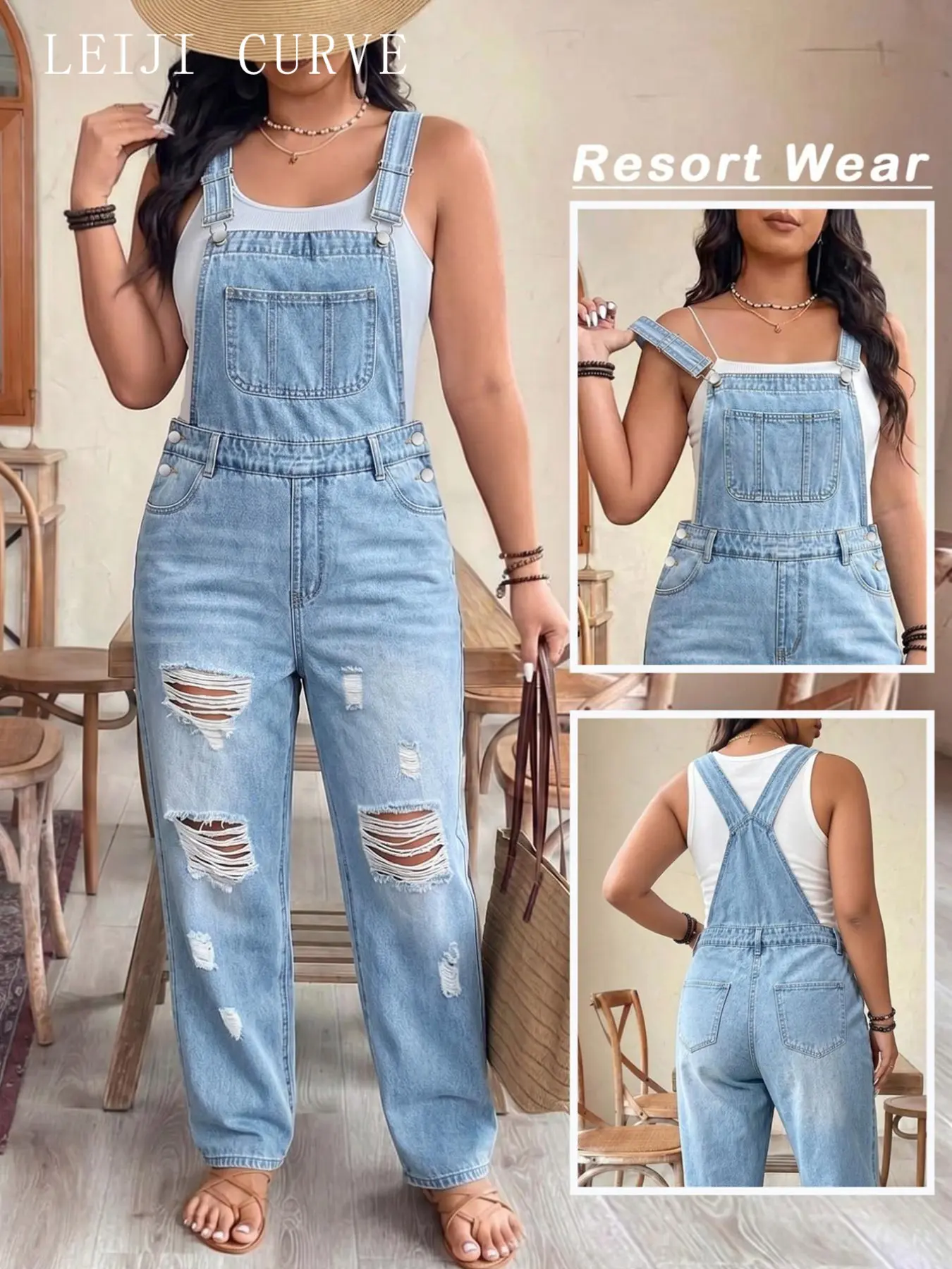 Plus Size Light Blue Washed Ripped Edge High Waist Denim Overalls, Adjustable Straps, Loose Fit, Oversized, Casual Summer Vacation Style, Long Jeans