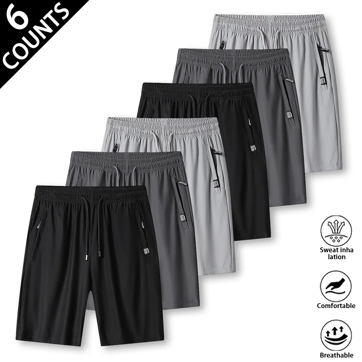 Men's Classic Fitted Polyester Quick Dry Athletic Shorts - 5-Inch Straight Cut, 6-2 Pack, Elastic Waist Drawstring, Zipper Pockets, Workout Sets, Running, Synthetics, Cold Wash Safe, Polyester Fits, Gym Shorts, Men's Shorts