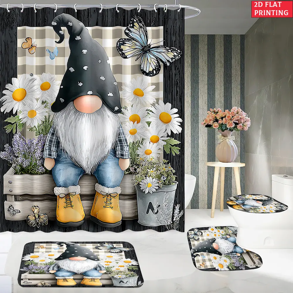 72x72 in Farmhouse Gnome 4-Piece Bathroom Shower Curtain Set - Hanging Waterproof Heavy Polyester Flannel, Floral Print (Daisy,Lavender,Butterfly,Buffalo Plaid), Rustproof Grommets, Resistant Toilet Lid Cover, U-Shape Mat & Absorbent Floor Rug