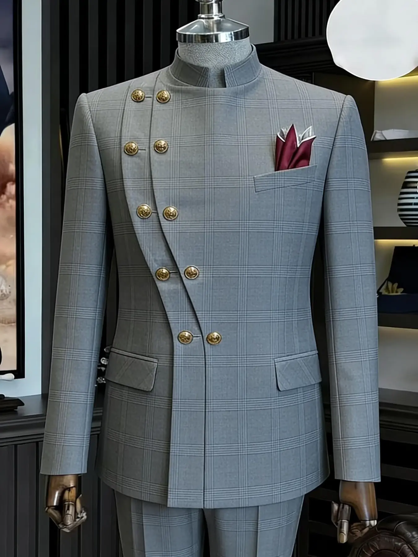 Ainwear Men Blue Plaid Mandarin Collar Suit, Asymmetric Double Breasted Blazer & Check Pants, Formal Tuxedo for Weddings, All Seasons