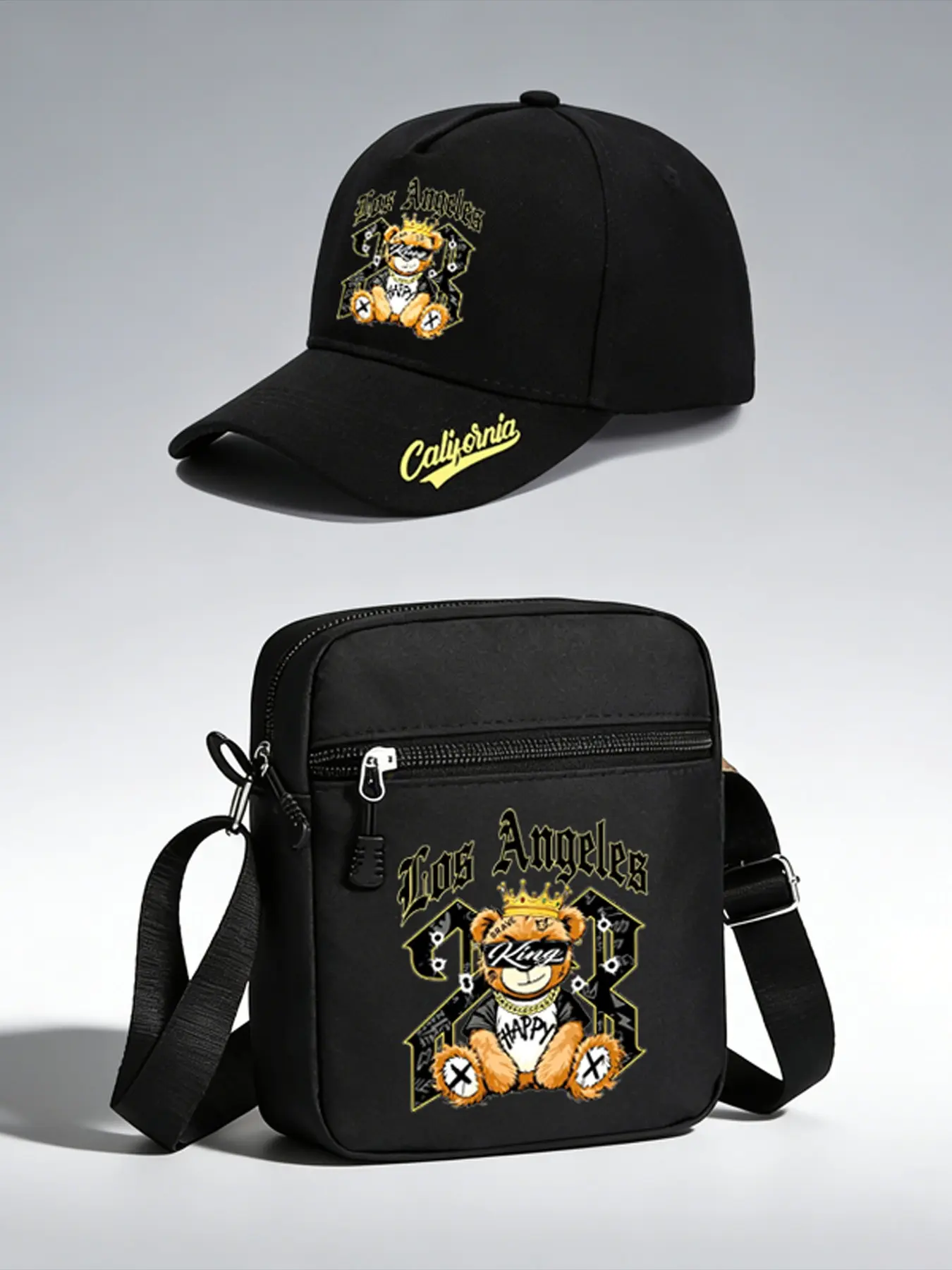 2pcs California 23 Hip Hop Bear Print Caps and Crossbody Bag Set, Fashion Accessories, Adjustable Street Fashion Baseball Hats, Perfect for Daily Wear and Gifts
