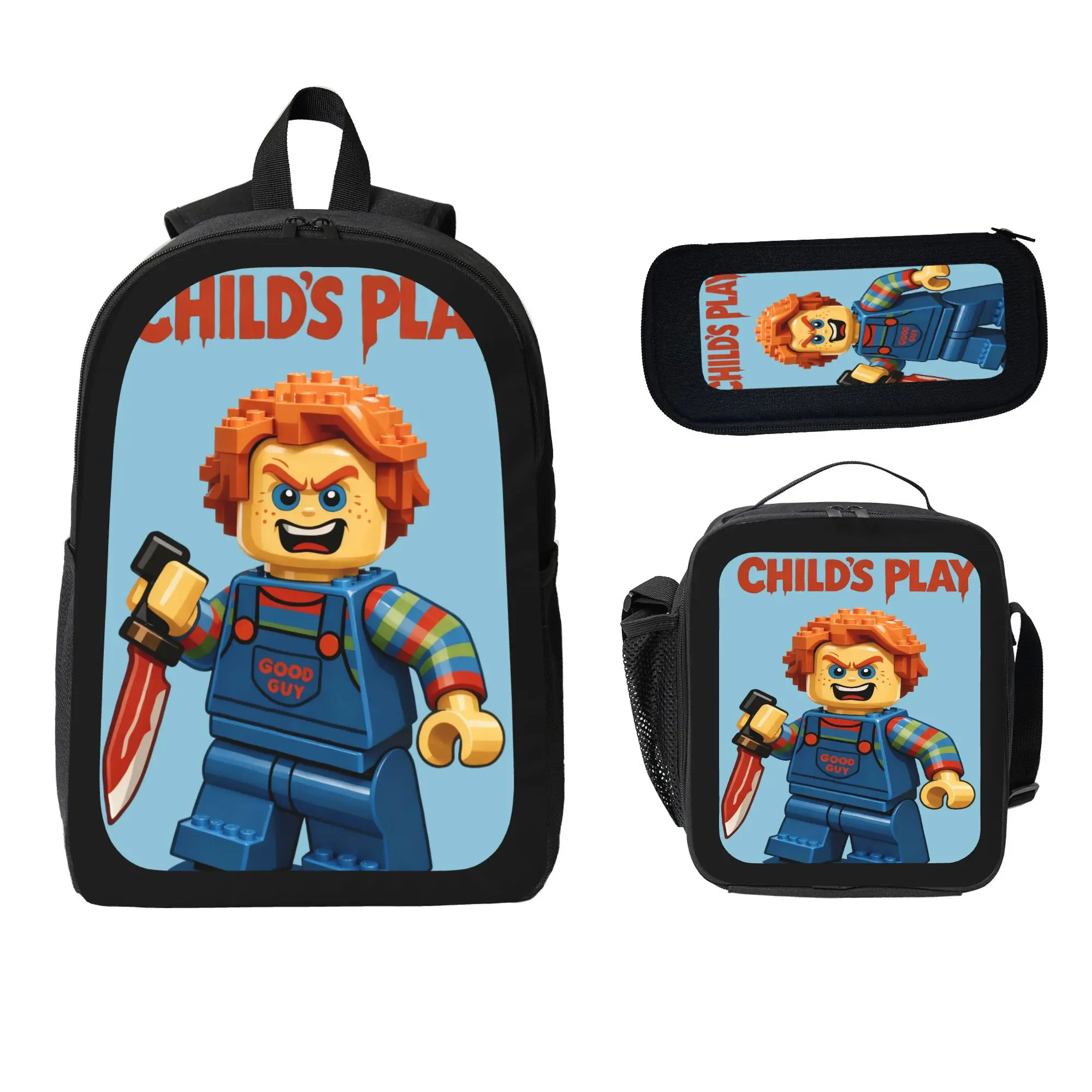 Unisex Youth 3-Piece Horror Chucky-Themed Bag Set for Fans - Cute Backpack, Lunch Tote, Pencil Case with Character Doll Print, Zip Closure, No Wheels, for Everyday Tasks