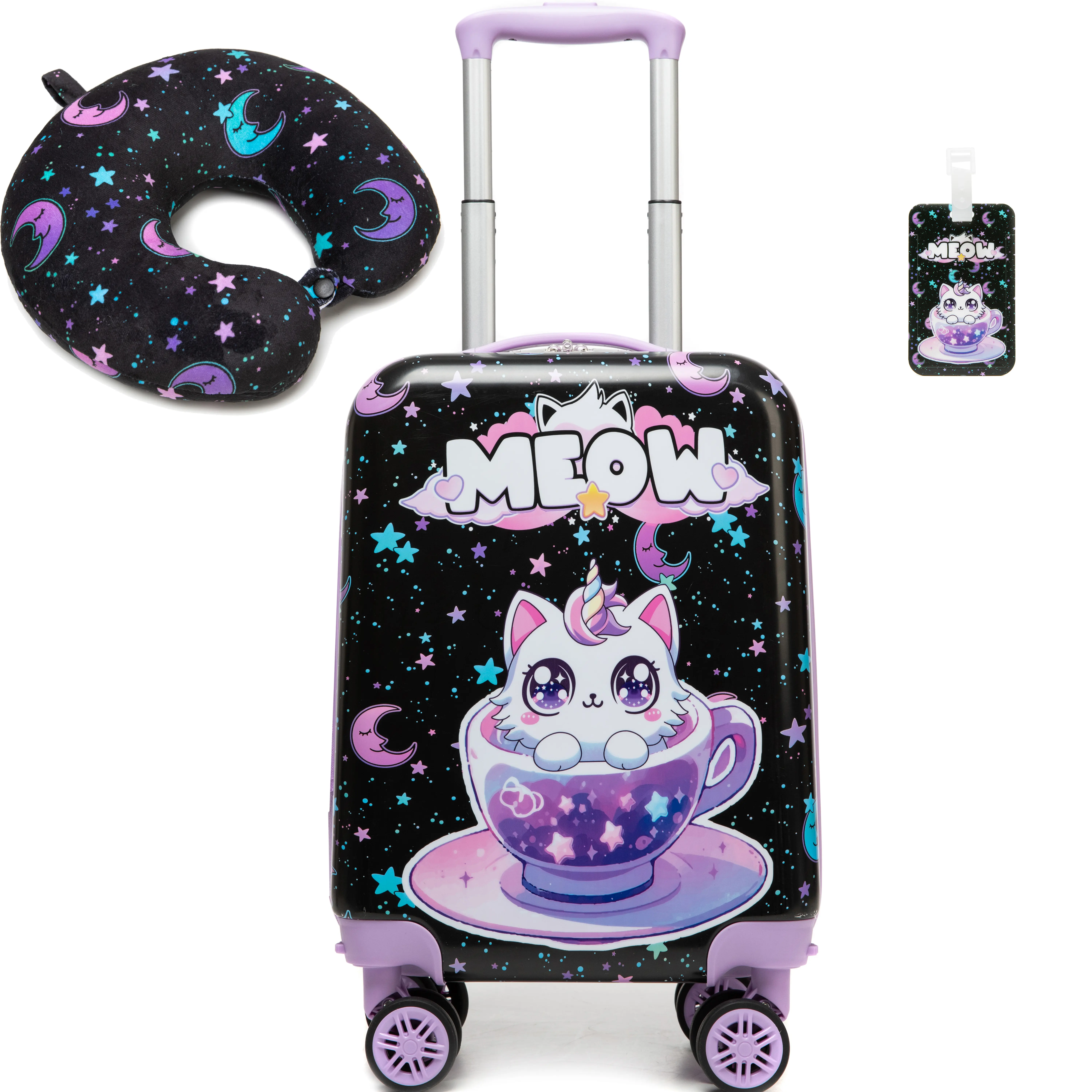 Girls' Magical Unicorn Hard-Shell Carry-On Spinner Luggage Travel Set with Neck Pillow, ABS Plastic, Cartoon Print, Playful Look, Pink-Purple Design 2026