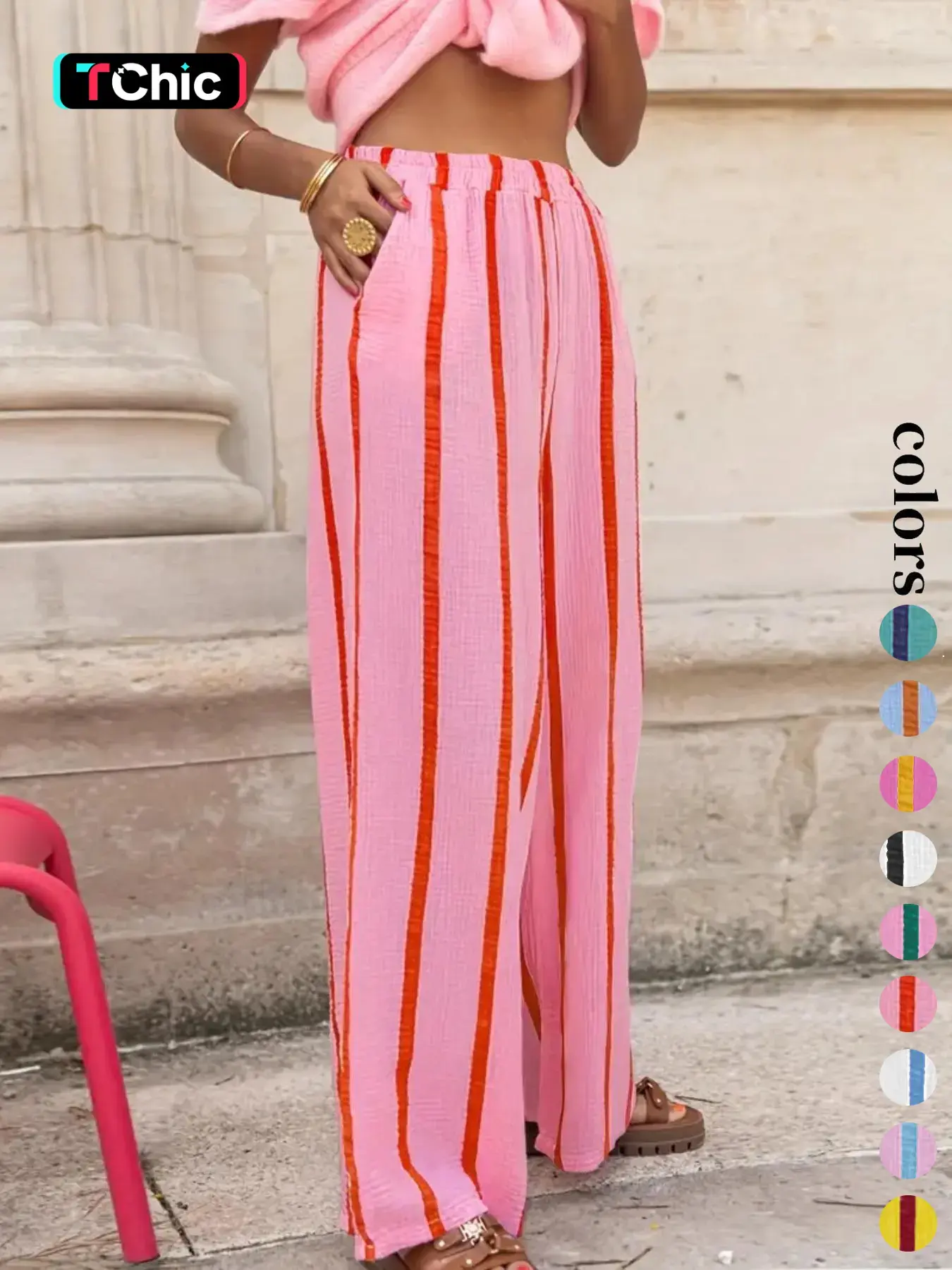 Women's Striped Print Wide Leg Pants, Boho Casual Trousers, Casual Comfy Trousers for Daily Wear, Ladies Bottoms for All Seasons, Casual Chic Bottoms, Casual Style Bottoms, Casual Straight Leg, Woven