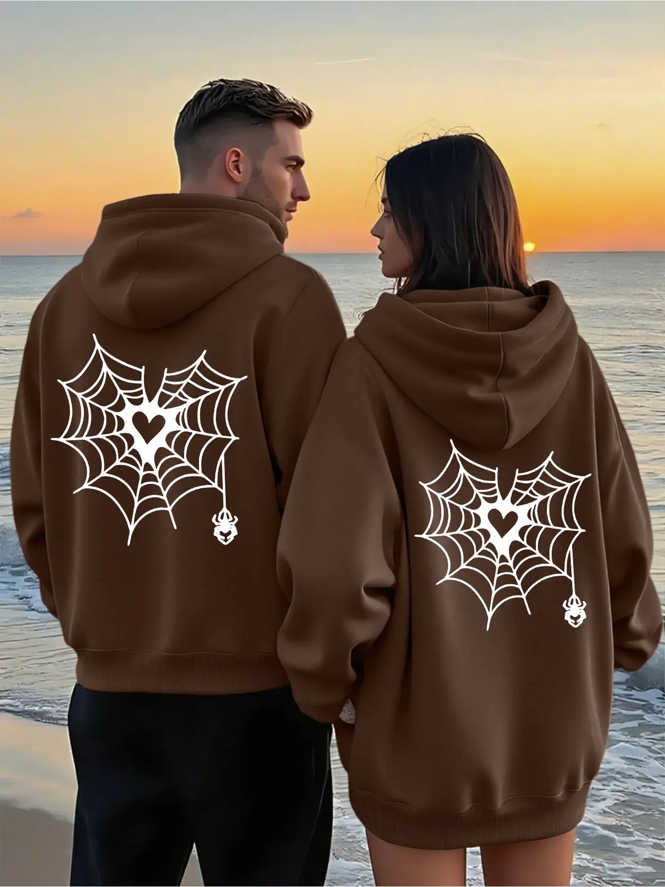 2Pcs Matching Couple Zip Up Hoodies With Geometric Spider Print, Unisex Oversized Casual Sweatshirts With Kangaroo Pockets, Wrinkle-resistant Polyester, Machine Washable, Ideal Layering Outfits & Lover Gifts For Autumn Winter Daily Dating Commute Wear