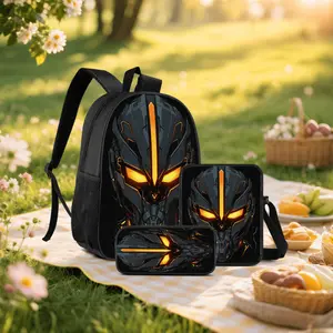 Futuristic orange light-up mecha helmet backpack three-piece set (includes backpack, lunch bag, pencil case), made of durable polyester material, ergonomically designed, with high-quality finish, sci-fi themed set, specially created for technology enthusi