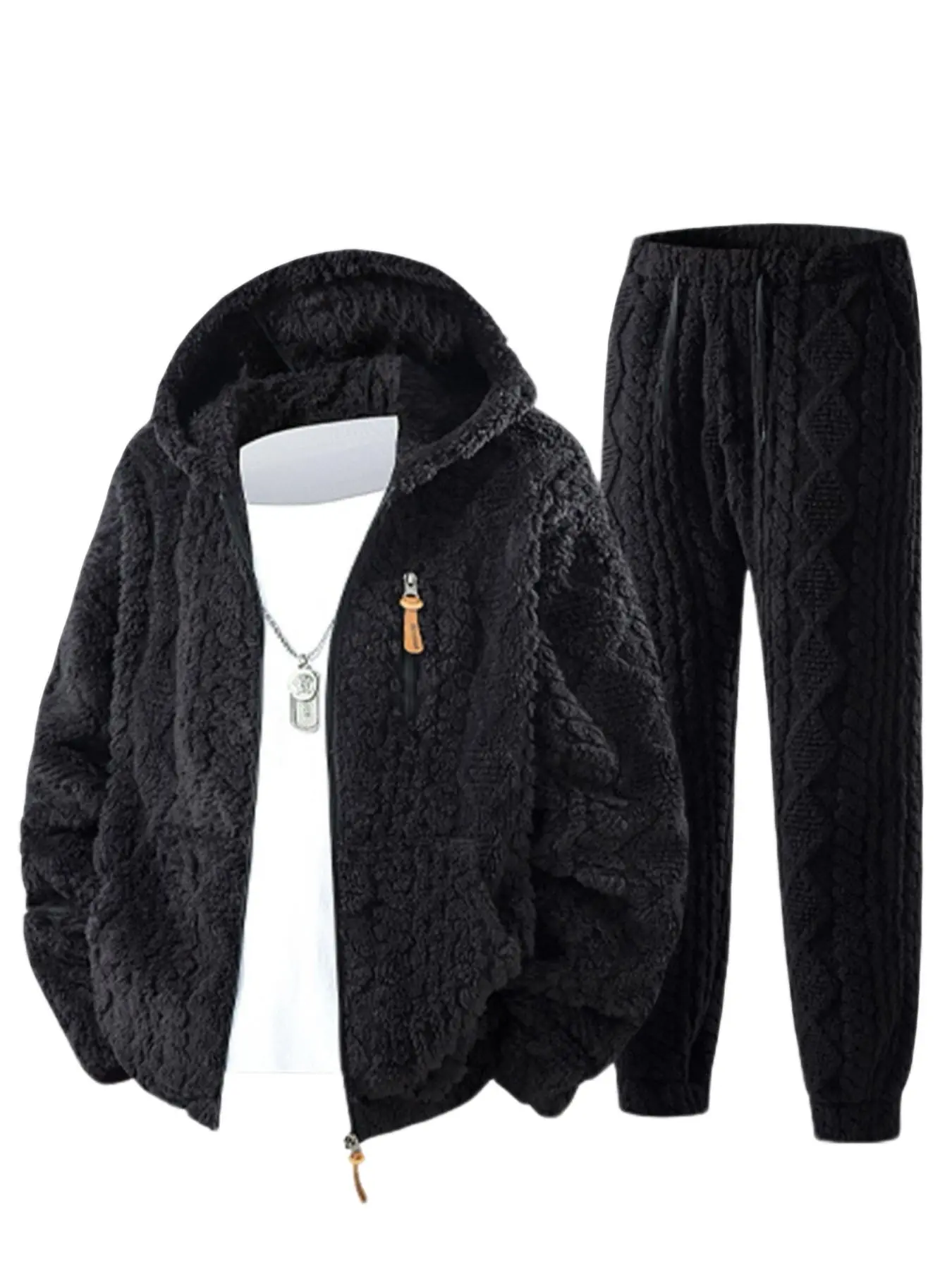 Men's 2 Piece Fleece Tracksuit Diamond Quilted Plush Hooded Zip Jacket & Jogger Pants Cozy Loungewear Outfit Lounge Tracksuits