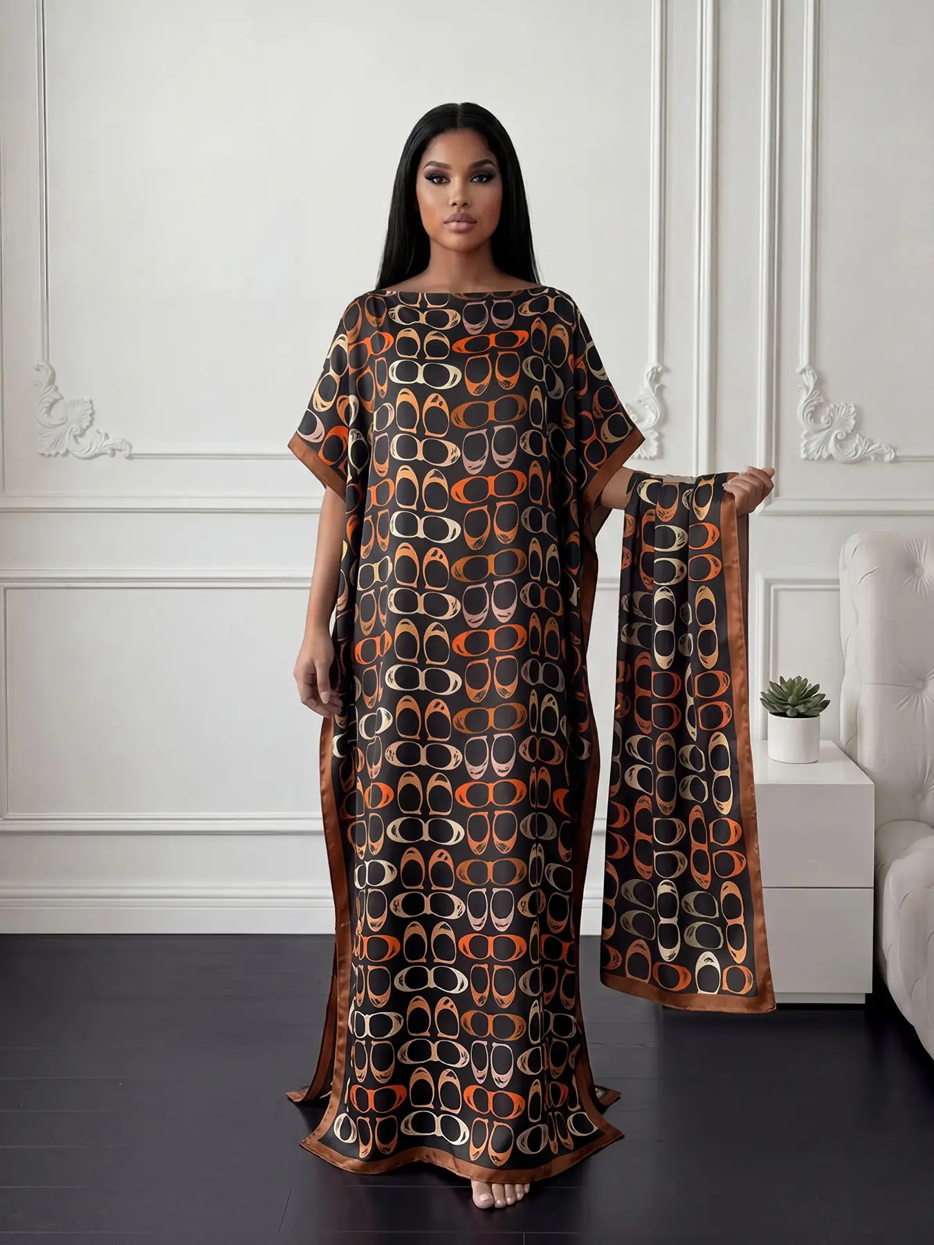 Elegant Geometric Print Robe Set, Long Dress with Headscarf, Sun Protection Silk Scarf, Women's Beachwear, Beach Resort Wear, Stylish, Casual, Chic and Comfortable