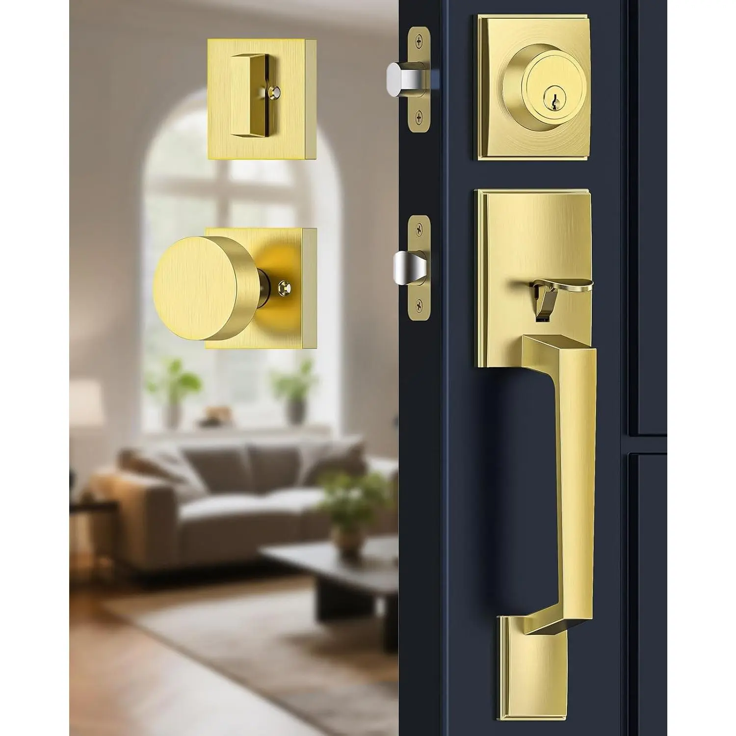 Gold Front Door Handle & Deadbolt Set - Modern Knob Exterior Entry Door Hardware with Adjustable Bolt, Reversible for Right/Left