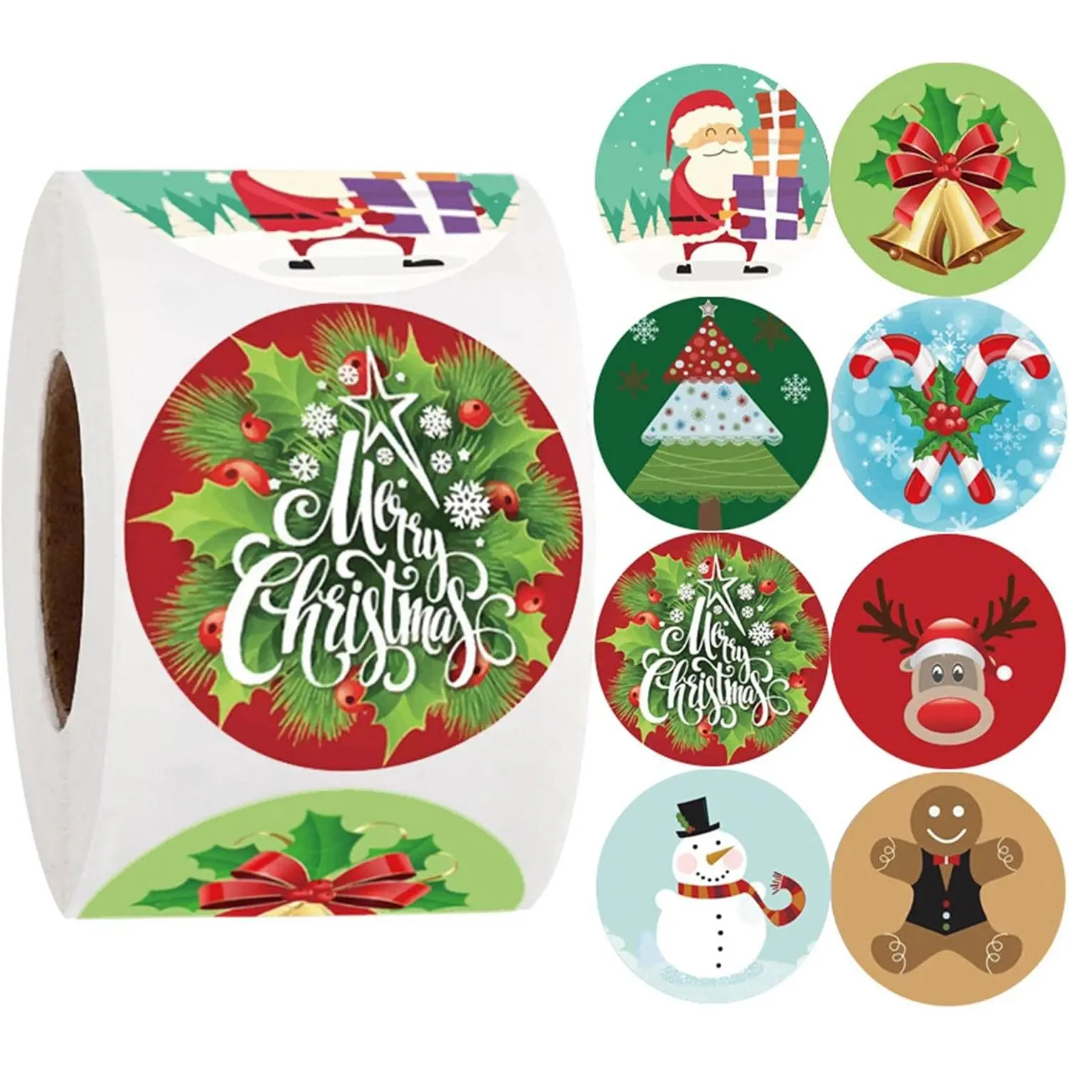 500 count Merry Christmas Stickers Labels Roll 1 Inch 8 Designs Round Christmas Tags, 2026  Adhesive Xmas Decorative Holiday Christmas Envelope Seals Stickers for Cards  Envelopes Boxes (1 Inch)