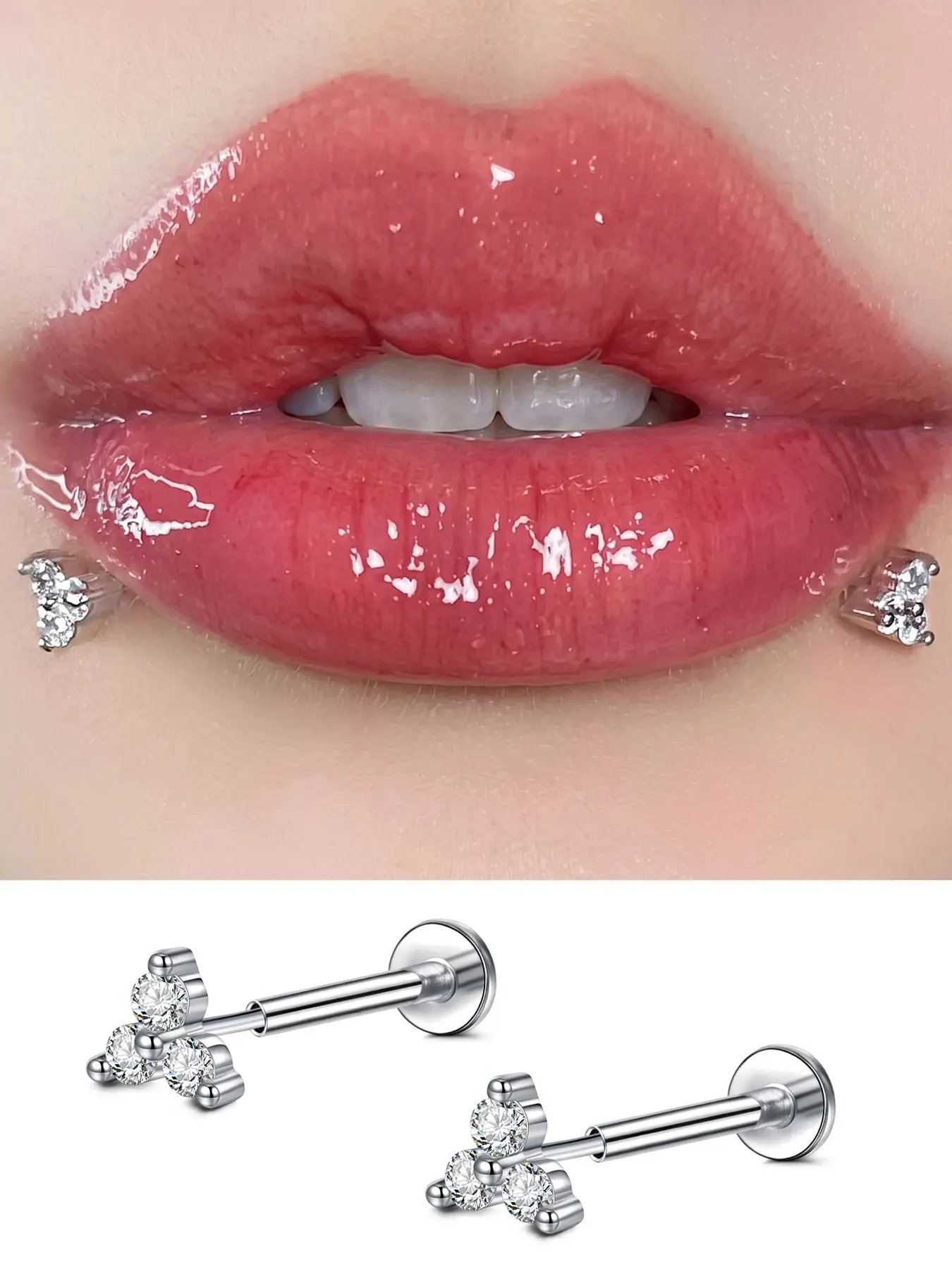 16g Cubic Zirconia Lip Rings, Stainless Steel Flat-Bottomed Push-In Lip Studs, Lip Labret Studs, Cartilage Earrings, Stylish Everyday Jewelry for Women