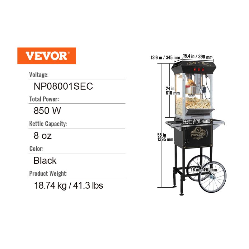 VEVOR Popcorn Maker with Cart, 850W Popcorn Popper Machine, 8 Oz Kettle Makes 48 Cups per Batch, Popcorn Maker Equipped with Tempered Glass, Includes 4 Scoops, Movie Theater Style, Black VEVOR Popcorn Maker with Cart, 850W Popcorn Popper Machine, 8 Oz Kettle Makes 48 Cups per Batch, Popcorn Maker Equipped with Tempered Glass, Includes 4 Scoops, Movie Theater Style, Black