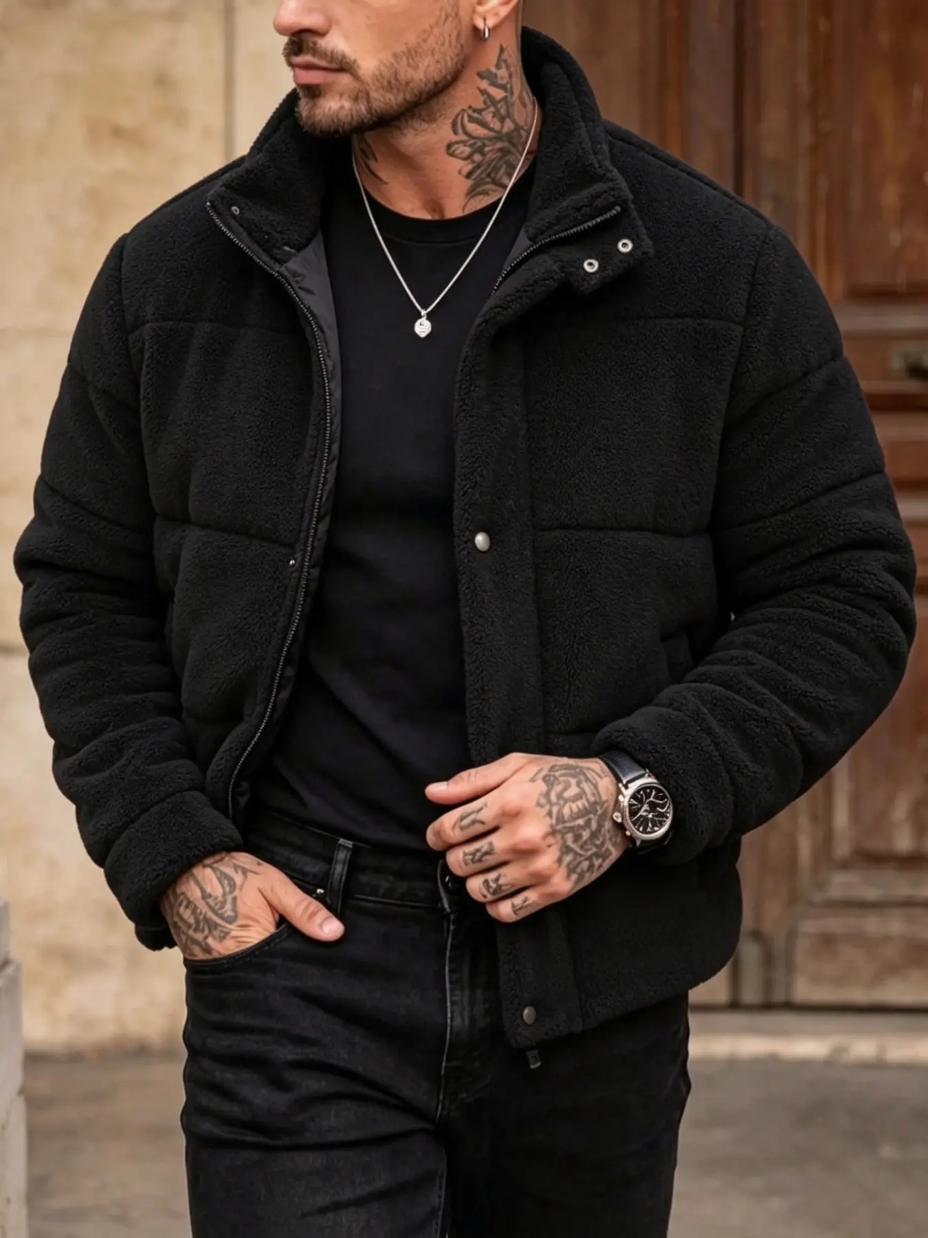 Men's Warm Fleece Jacket – Long-sleeve winter jacket; suitable for hiking, camping, running, and winter wear; hooded, Outdoor