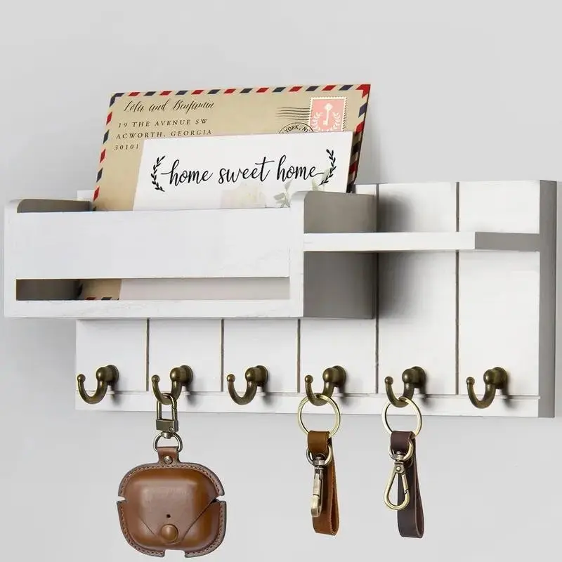 Wooden Wall-Mounted Key Holder with 6 Hooks, Key Hanger Wall Mount, Letter Organizer Box, Living Room Entryway Storage Shelf, Home Decorative Rack