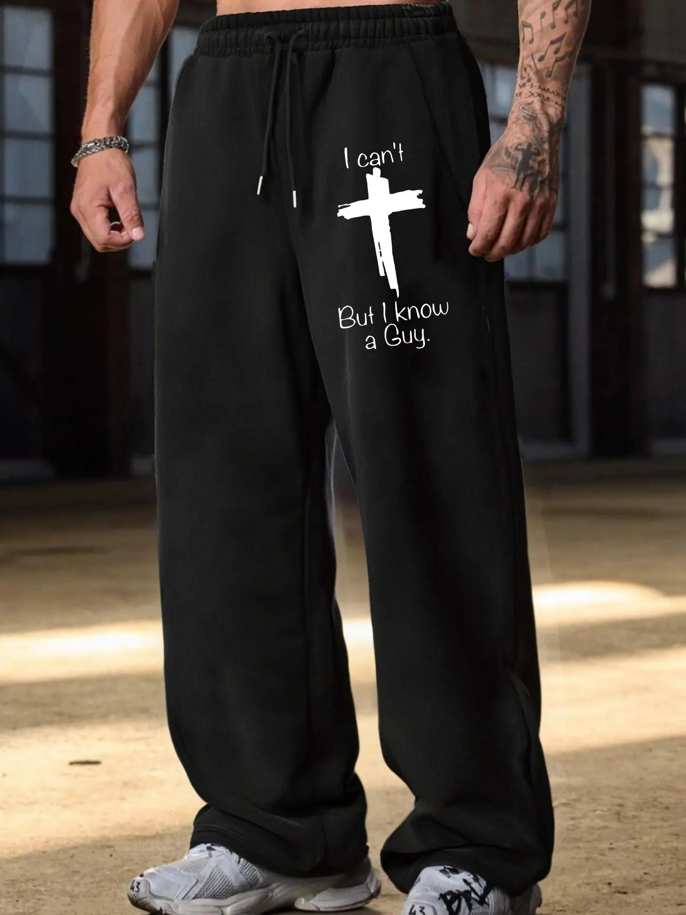 Men's Casual Wide Leg Sports Pants, Cross English Slogan Print, Comfortable Loose Fit, Solid Pattern, Ideal for Daily Wear