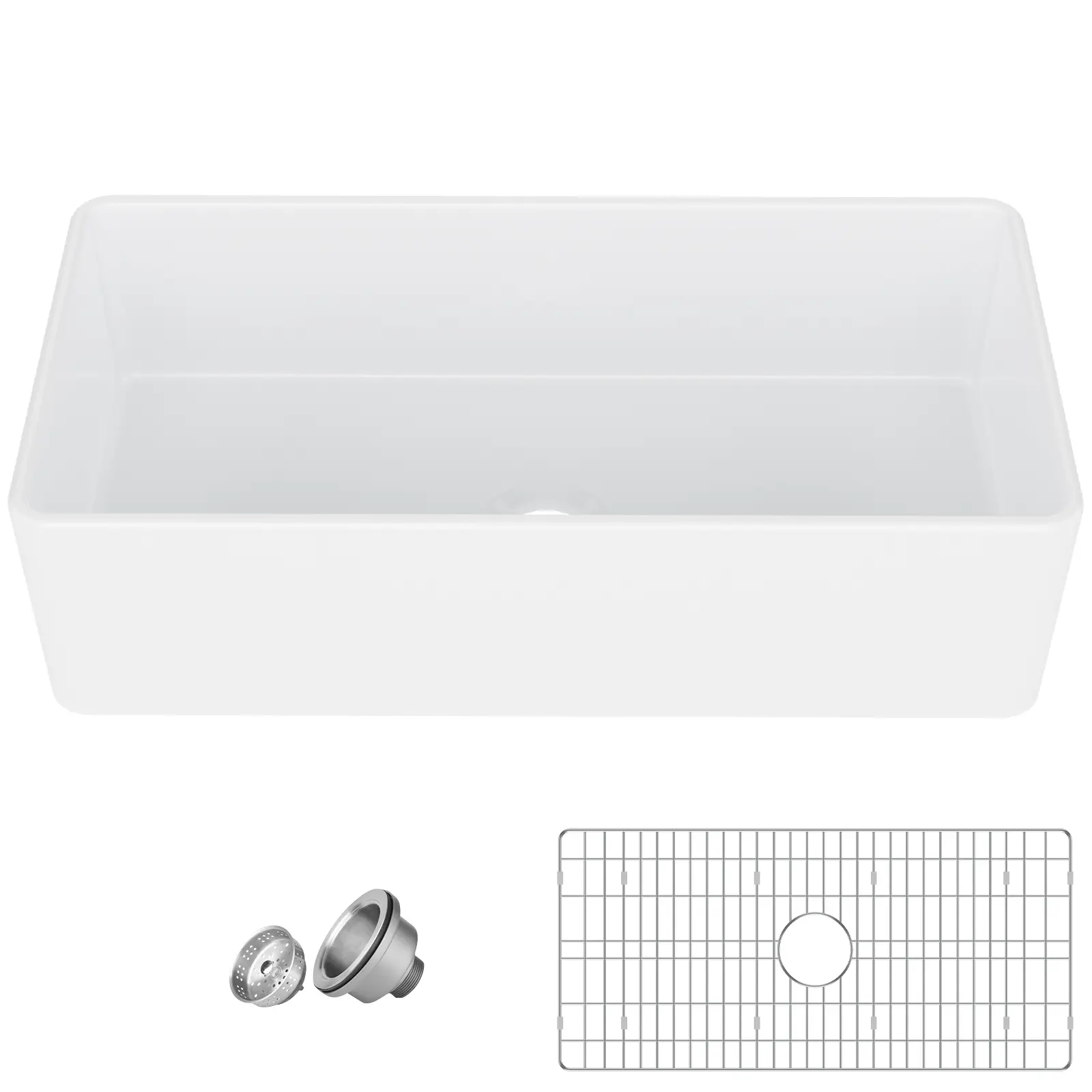 Ceramic Rectangle Farmhouse Kitchen Sink - White Apron Front, Undermount Deep Single Bowl, Scratch Resistant, Includes 1× Strainer & 1× Bottom Grid, Drying Dishes Compatible, Available in 30-inch/33-inch/36-inch