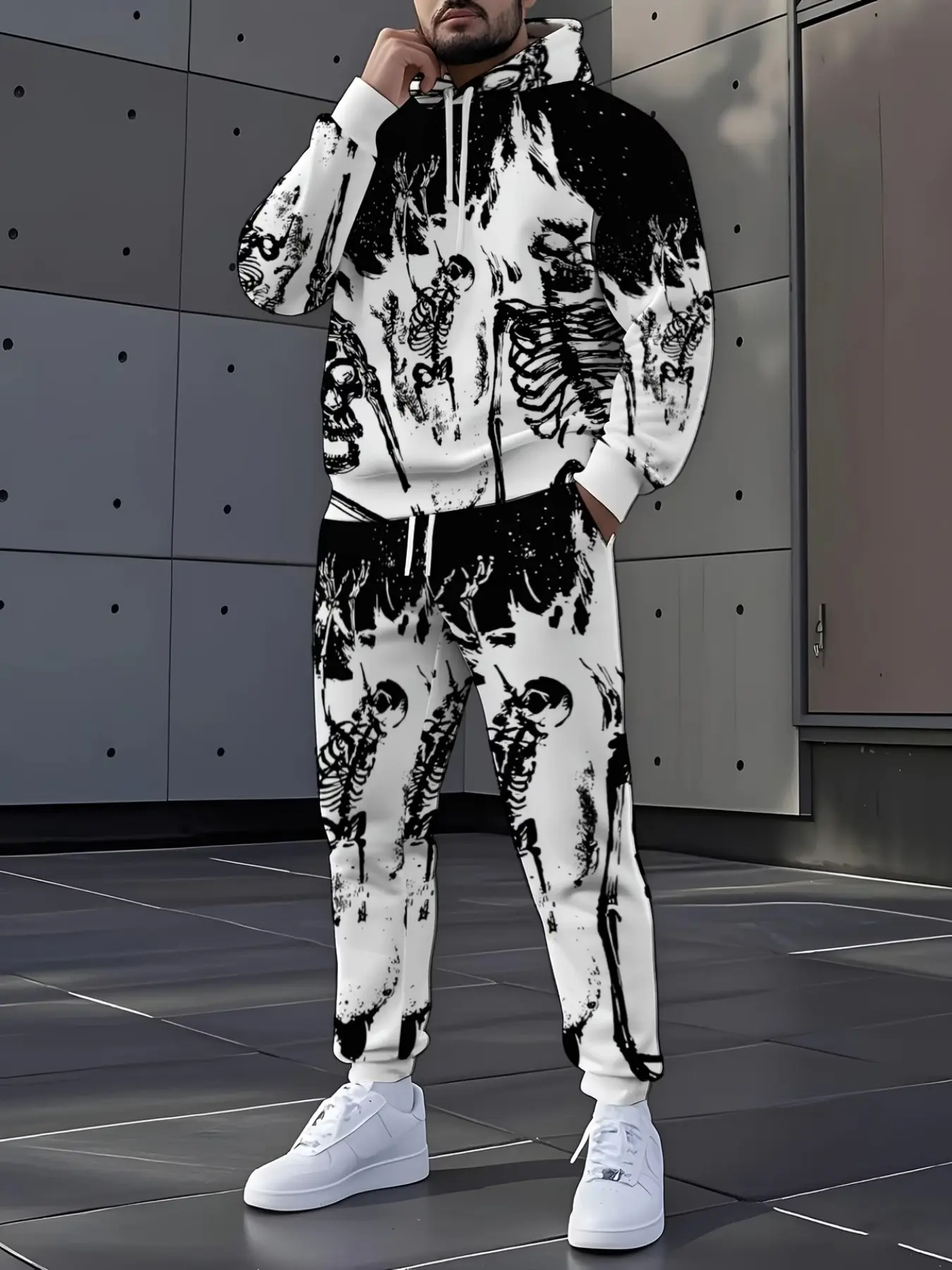 Trendy Skull Print Hoodie Pants Set, Casual Sportswear, Comfortable and Versatile, Perfect for Daily