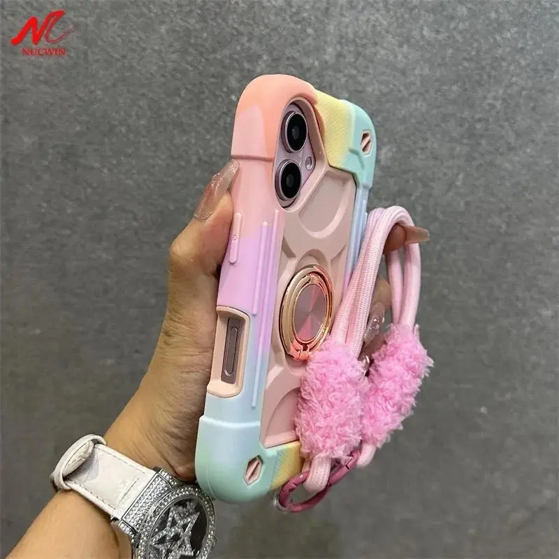 Luxury Heavy-Duty Ring Holder Lanyard Cellphone Cover, Handheld PC-TPU Armor Cover Accessory for iPhone 11,12,13,14,15,16,16e,16 Pro Max,17 ProMax Plus