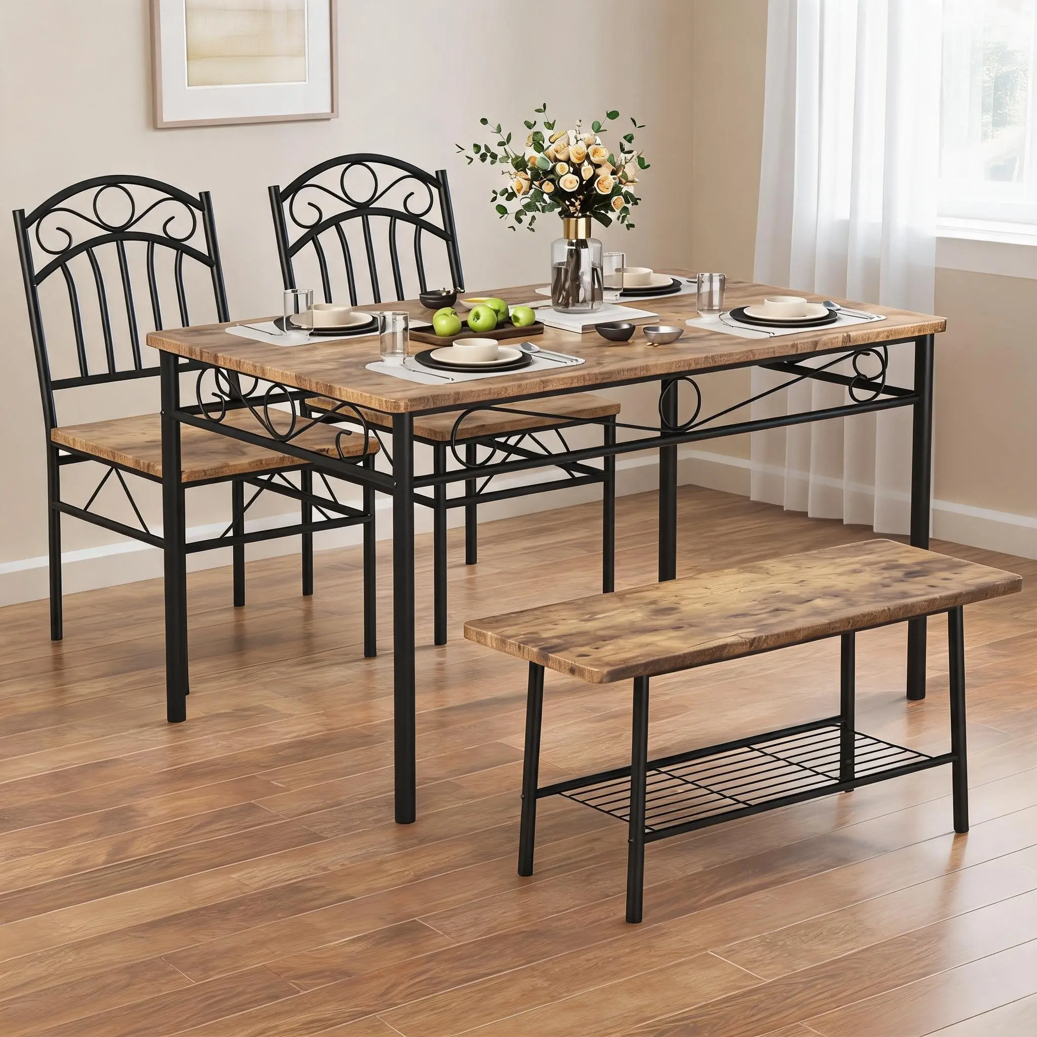 4-Piece Rustic Dining Set with Storage Bench – Wood Table, 2 Chairs, and Bench with Shelf, Natural Finish