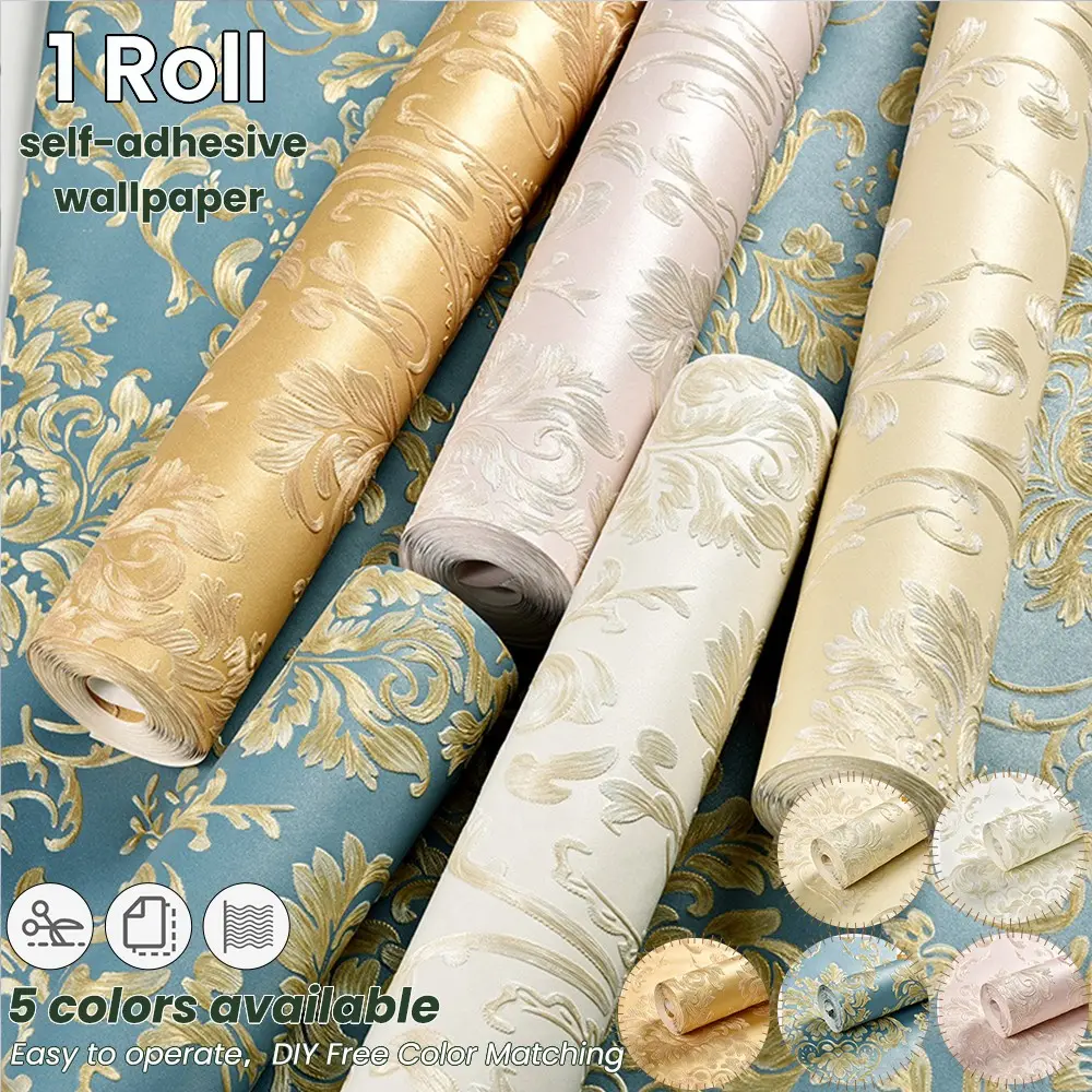 Luxurious European Style Self-Adhesive Wallpaper, Elegant Texture, Non-Woven Material, 5 Color Options, Easy to Apply, for Living Room, Bedroom