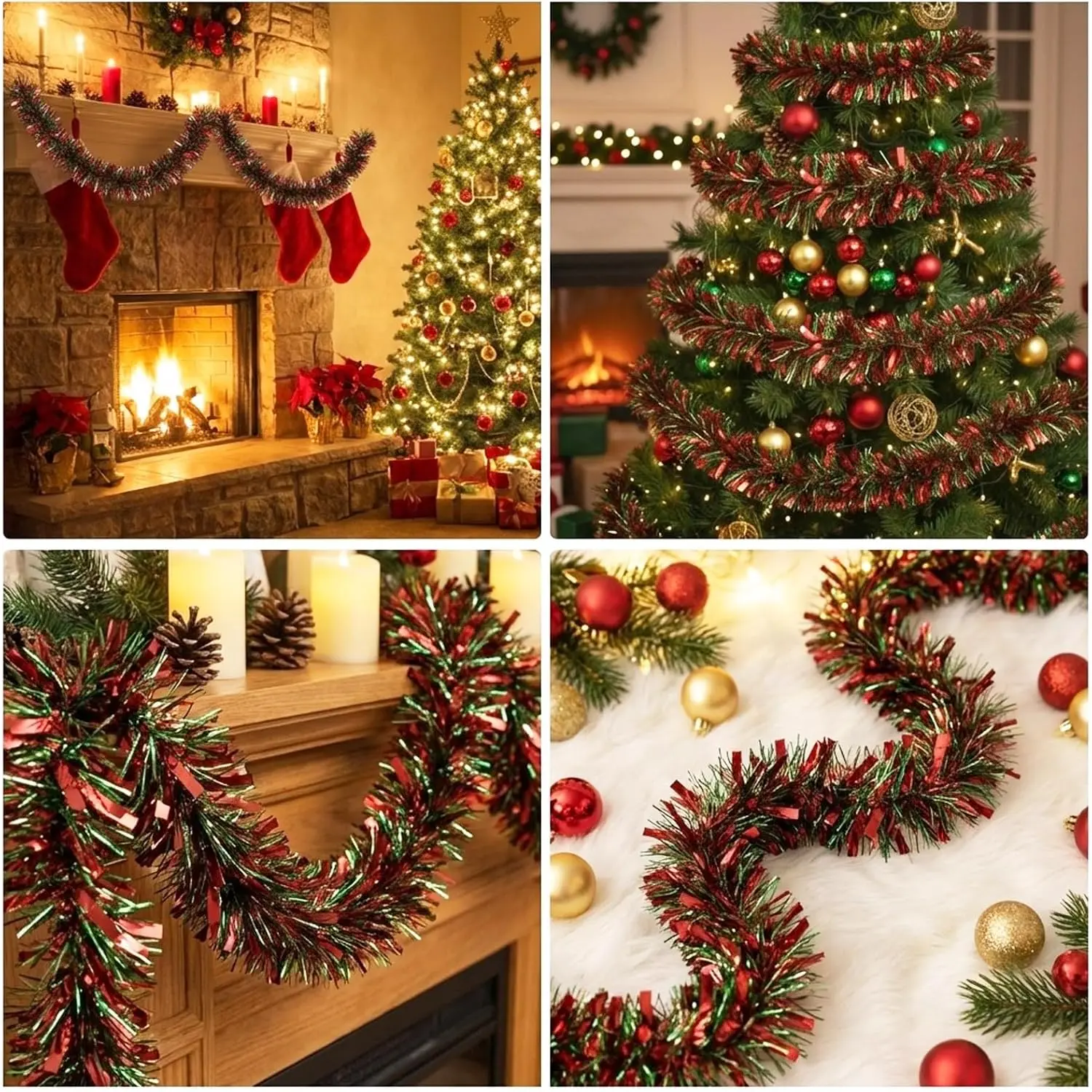 10M (33ft) Extra-Long Christmas Tinsel Garland - Rich Red & Green Shimmering Holiday Decoration for Tree, Fireplace, Mantle, Stairs &  Decor - Thick,  & Easy to Drape