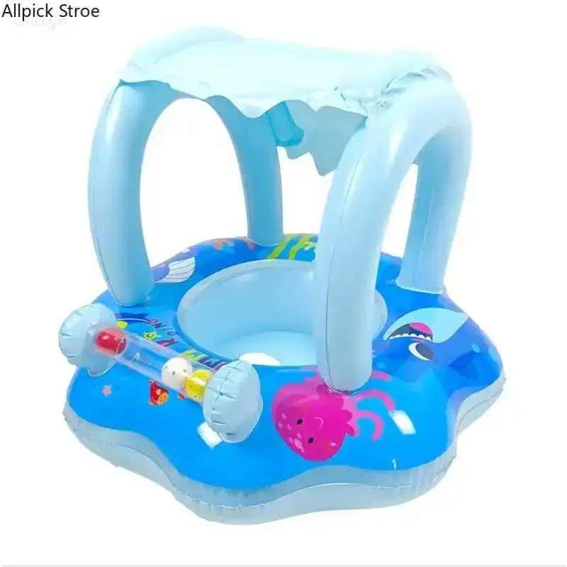 Anti Tip Inflatable Baby Swim Float With Sun Canopy Interactive Toy Bar Toddler Safe Pool Training Ring Summer Beach Vacation Gear, Inflatable Toddler Floaties, Anti-Rollover Structure, Colorful Beads, Cute, Durable, Leak-Proof Material, Funky, Peppy, Eve