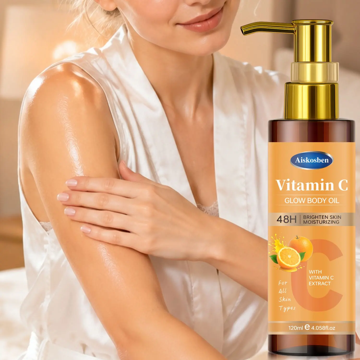 Aiskosben Vitamin C Body Oil, Long-Lasting Hydration, Brightening & Nourishing, Contains Vitamin C, E, Hyaluronic Acid, 120ML, All Skin Types