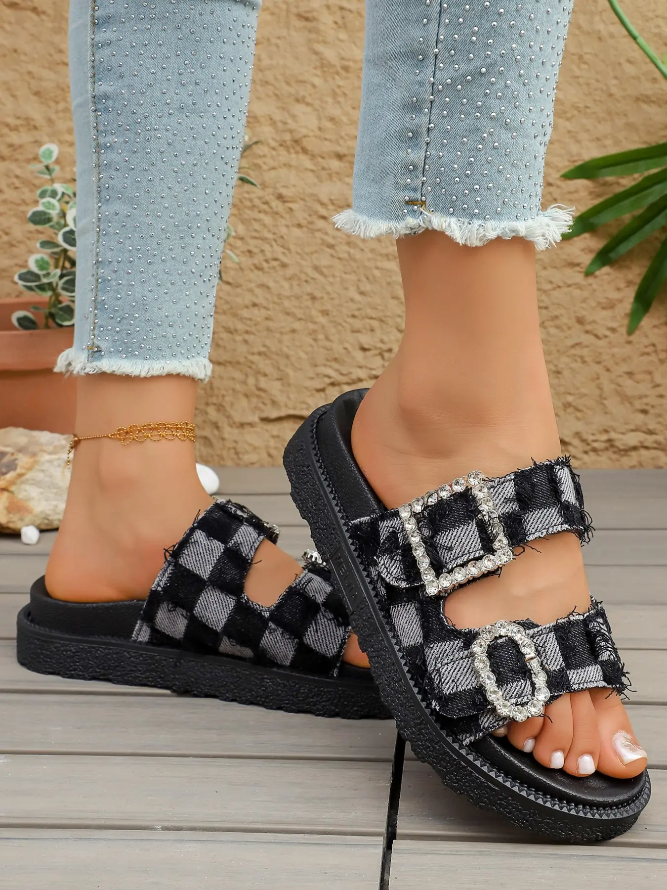 American Retro Summer Plaid Buckle Platform Sandals, Checkered Dual Strap Flip Flops, Rhinestone Buckle Thick Sole, Casual Women's Shoes, Embellished Platform Sandal, Casual Fashion Sandals, Thick Soled