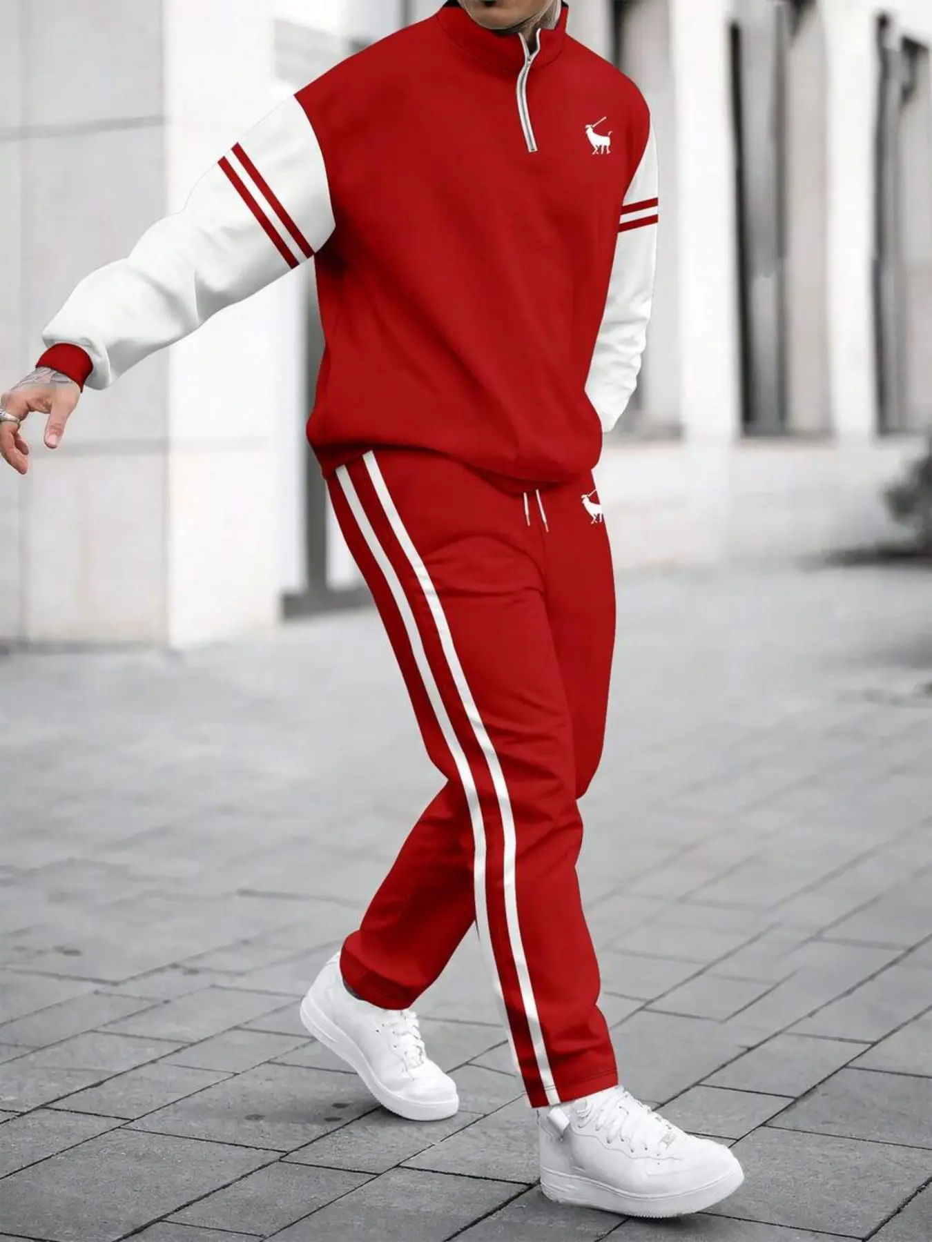 Men's Spring Fall Colorblock Striped Half-Zip Stand Collar Sweatshirt and Cuffed Pants Set, Casual All-Over Print Sportswear