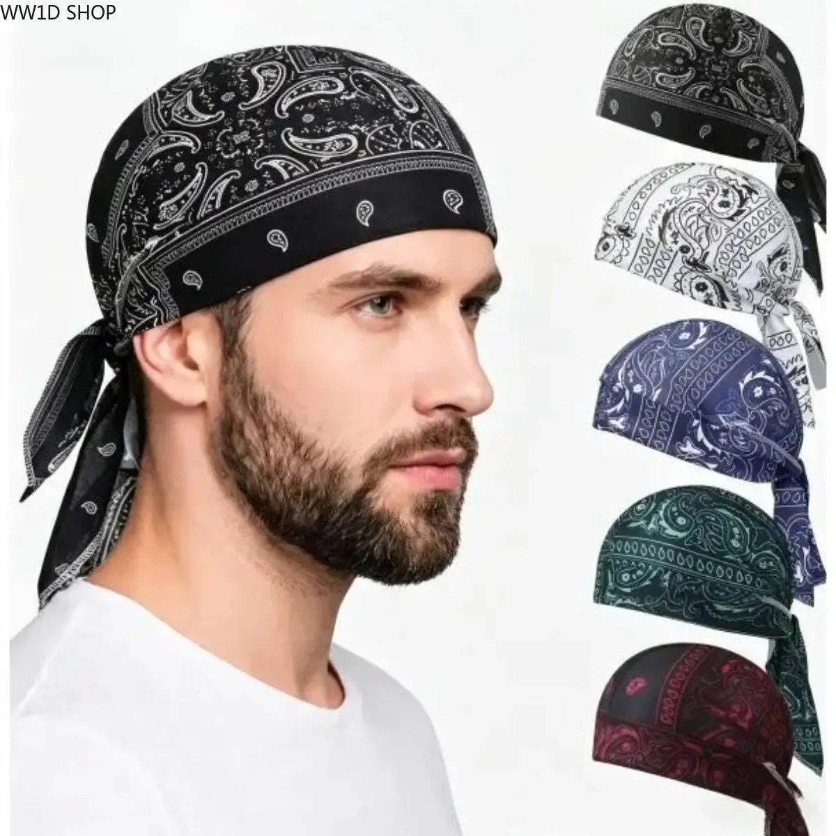 5-Pack Paisley Print Bandana Headwrap Set for Men and Women, Breathable Tie Back Skull Caps and Helmet Liners for Cycling and Outdoor Sports