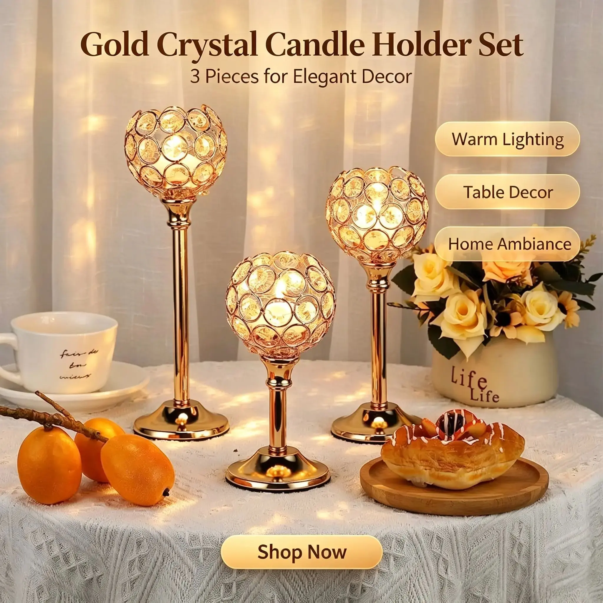 Set of 3 Crystal Metal Tealight Candlesticks, Bling Bowl Candelabras, Tall Crystal Votive Holders, Candle Holder Centerpieces, Wedding Decor