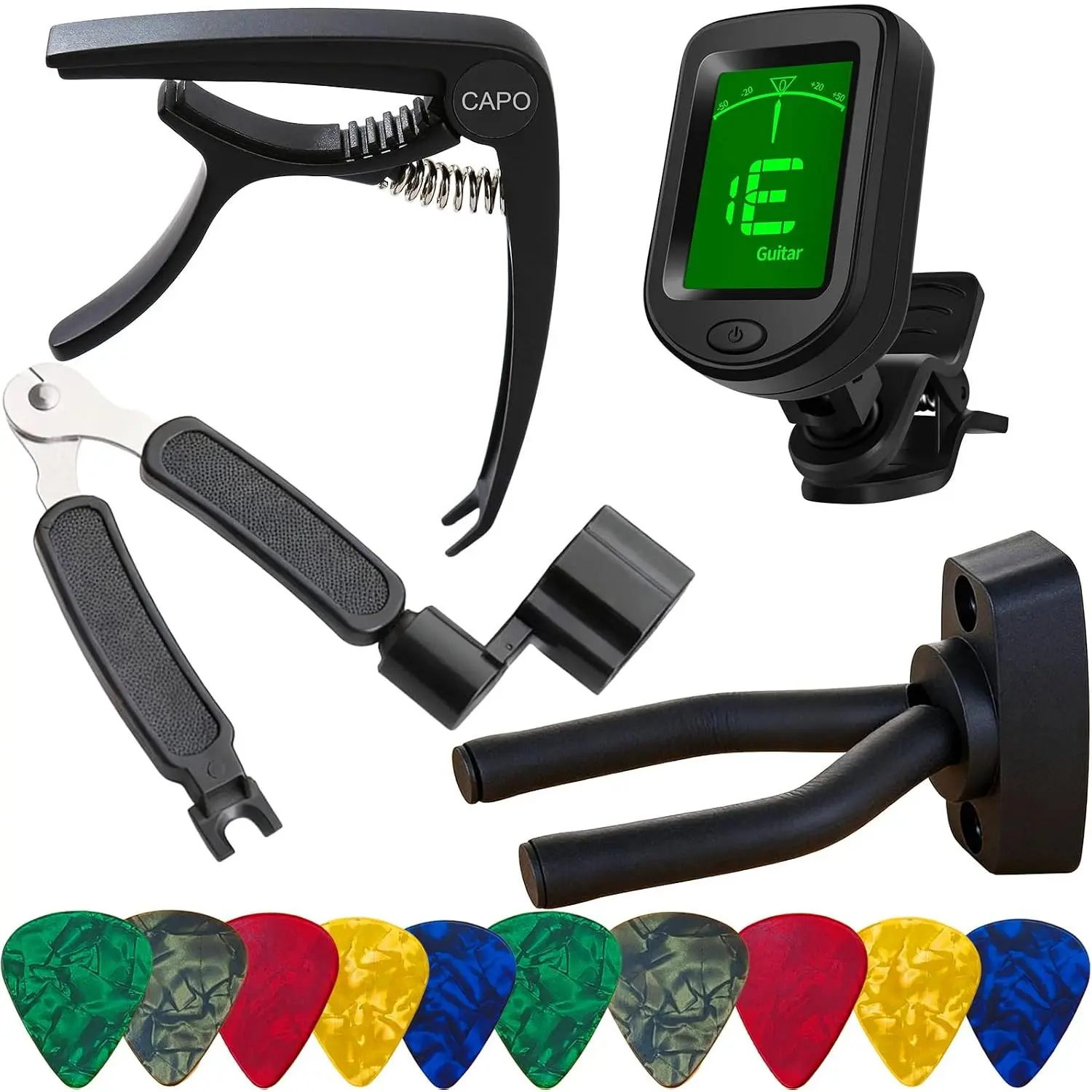 Guitar Capo,14-in-1 Guitar Accessory Kit with Clip- Tuner, 3-in-1 String  Winder,Wall Mount Hanger with  Padding,10 Picks (0.96mm) - Ukulele,Acoustic,Electric Guitar