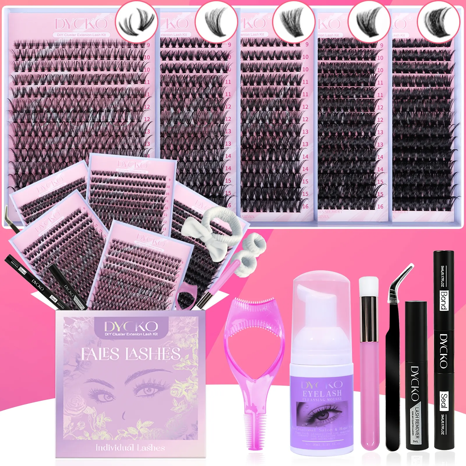 DYCKO 5-Pack Natural Lash Clusters Kit with Tools, Natural Fluffy Eyelashes Set including Bond & Seal, Remover, Tweezers and Curler, Beginner-Friendly Lash Starter Gift Set for Girls‘ Birthday