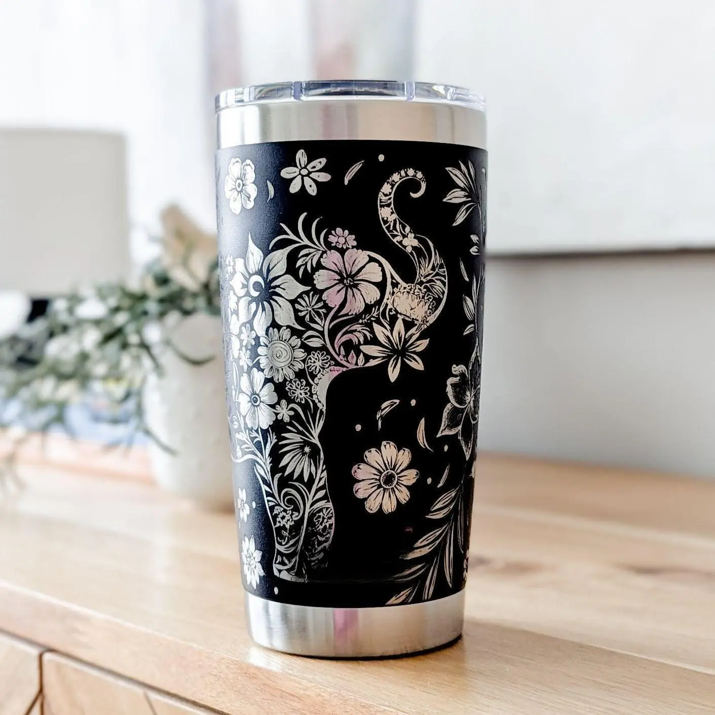 Elephant  Tumbler Personalized Floral Animal Gift Engraved 20oz Stainless Steel Travel Mug birthday ideal leak-proof cup pattern funny design straw flexible casual use office sport bottle active lifestyle portable flip print new arrival tea global pick