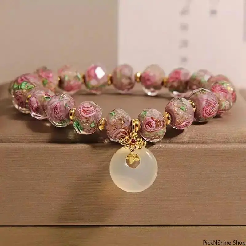 Women's Elegant Handmade Glass Bead Knotted Bracelet - Peace Knot, Rose Flower Design, Fashionable Style, Female Fashion Accessory for Casual, Formal Wear, Handmade Bracelet, Fashionable Bracelet Style