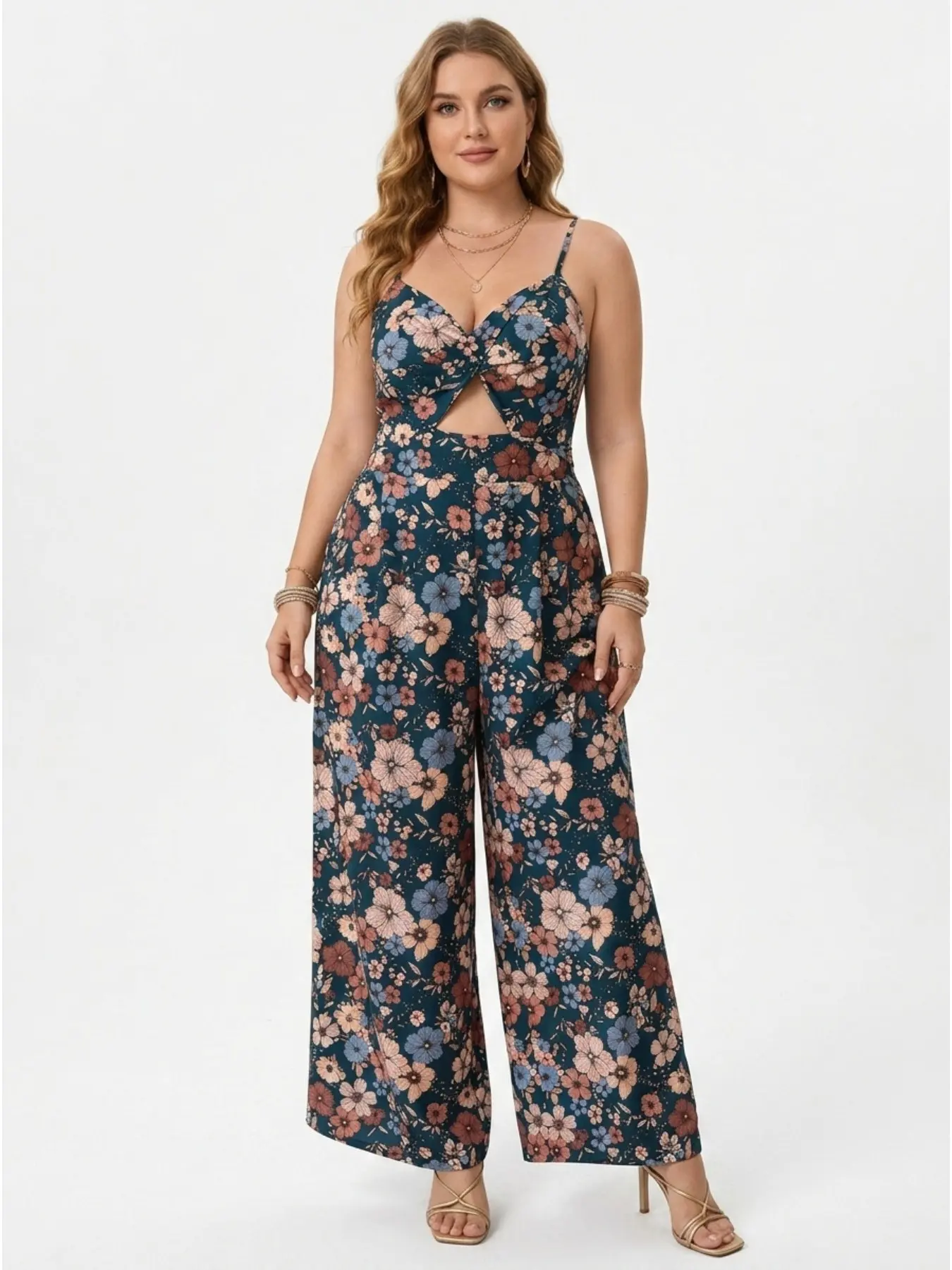 Plus Size Women Floral Print Spaghetti Strap Jumpsuit, Slim Elegant Chic Vacation Wide Leg One Piece Romper For Travel Garden Picnic Summer Party