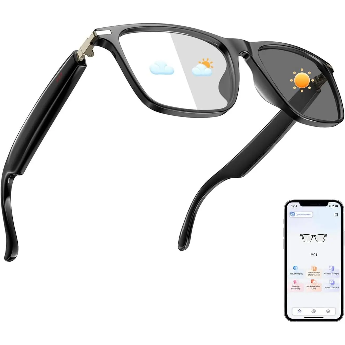AI Smart Glasses, Support 169 Languages Real-Time Translation Powered By APP, Open-Ear Sound Mic & Speakers, Color-Change Lens Translator with Noise Reduction, AI Translation Glasses for Men & Women