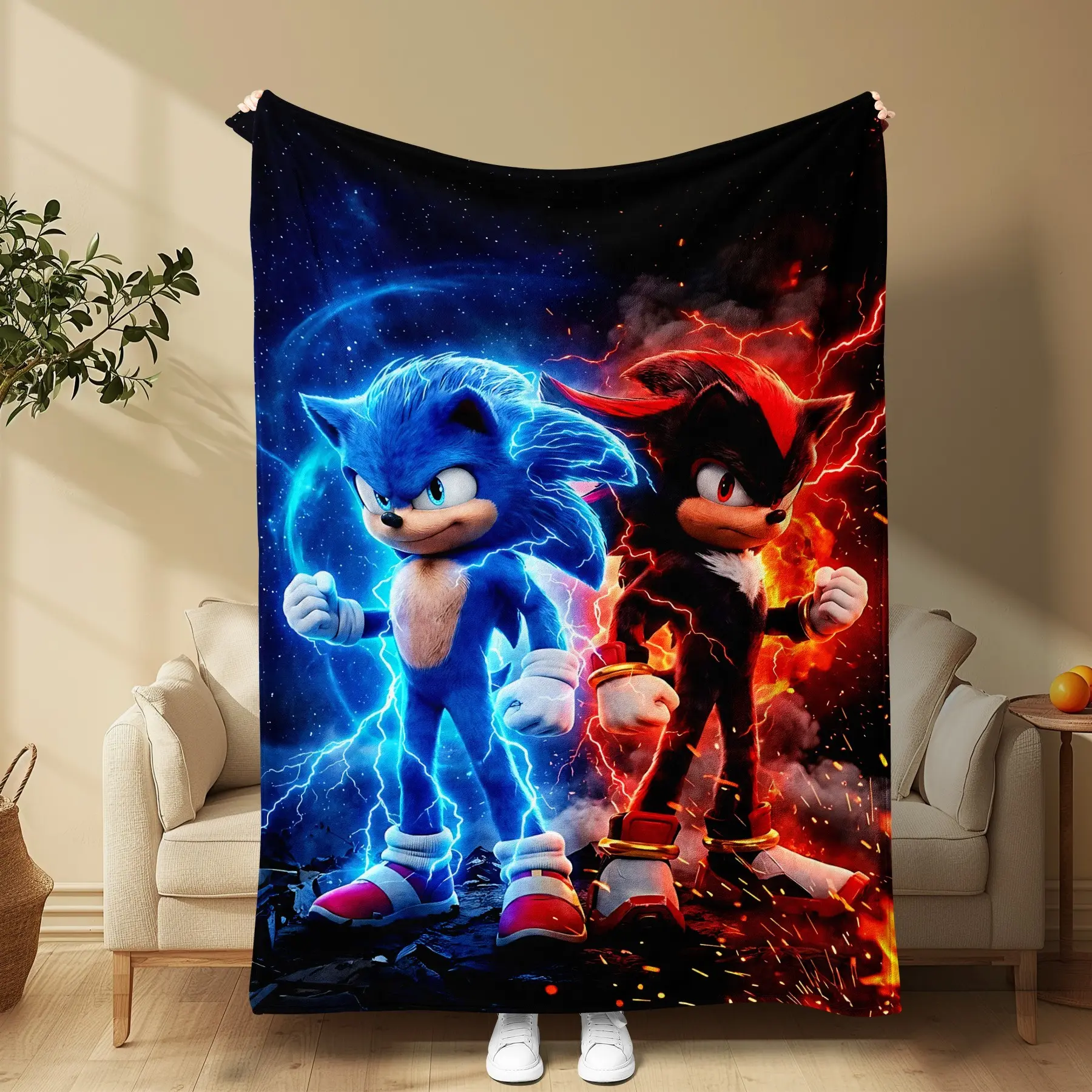 Blue and Hedgehog Lightning Flannel Throw Blanket for Kids Boys Teens, Anime Style, Sofa Bedroom Travel Camping Gift