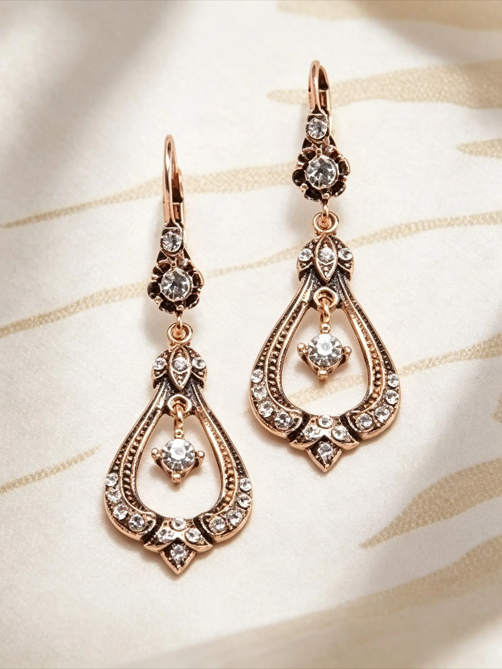 A Pair of Vintage-Style, Distressed Victorian Teardrop-Shaped Zircon Shining Earrings for Women: Courtly-Style Earrings with a Retro Evening Gala Vibe