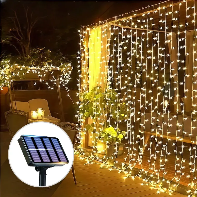 Outdoor Solar LED Curtain Light String, Fairy Fancy Leds String Lights with 8 Lighting Modes, Suitable for Wedding Atmosphere, Home Decoration, and Valentine's Day/Halloween/Thanksgiving Holiday String Lights.