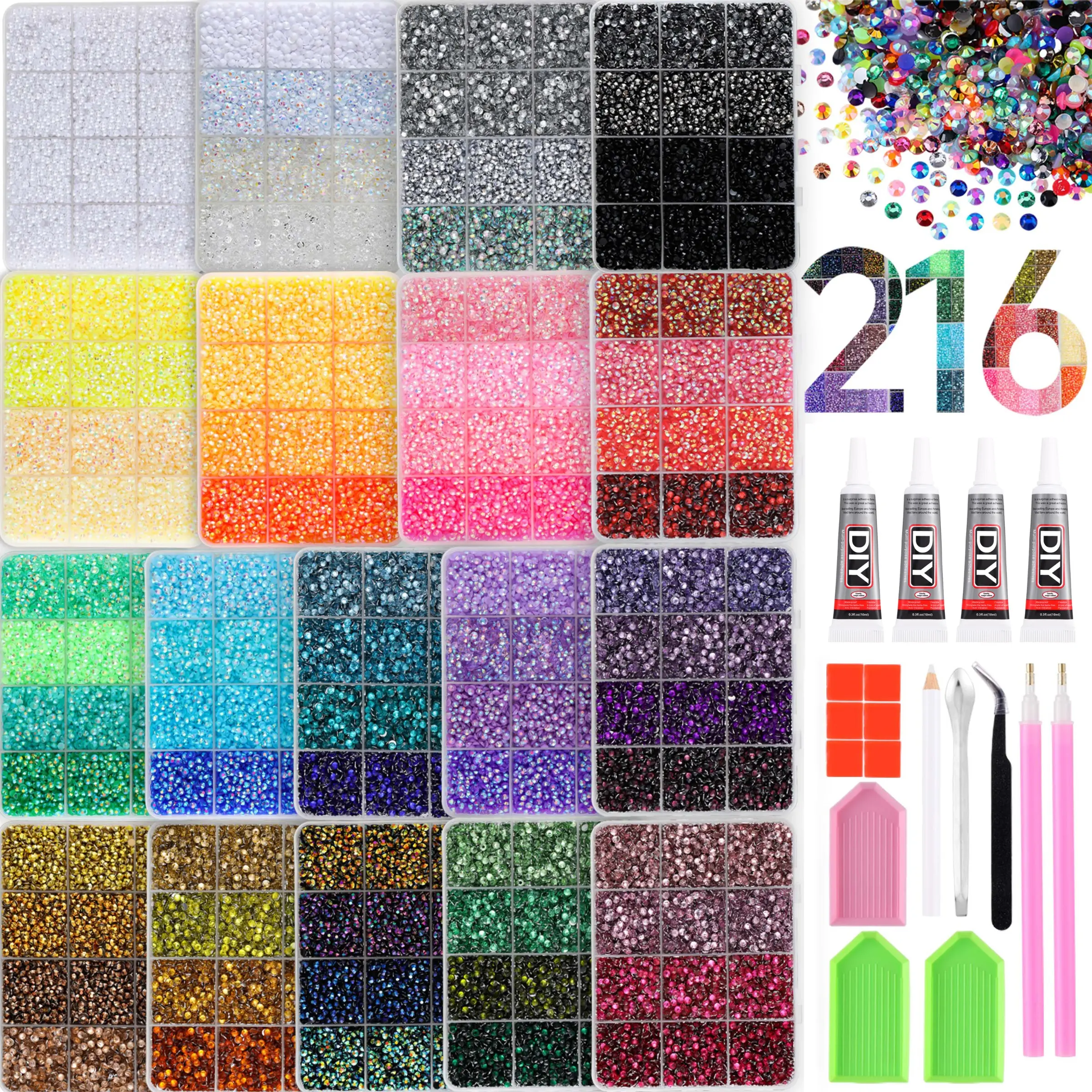 216 Colors Nail Rhinestones Kit DIY Nail Art Crystal AB Flat Back Gems Glitter Diamond Decorations Phone Case Craft Supplies with Glue Tools。 Jelly Rhinestones /Bedazzling Kit/Diamong Art。Halloween Christmas Birthday Gifts for Women。Bling Kit！Book Cover