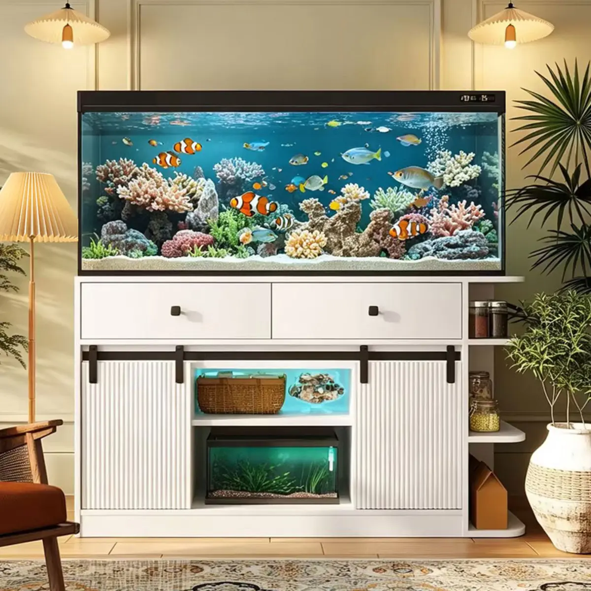 [Bellemave]75 Gallon Fish Tank Stand with LED Light &Power Outlets, 55-75 Gallon Aquarium Stand with Sliding Fluted Doors, 2 Large Cabinet and Storage Shelves, Cabinet for 2 Fish Tank Accessories Storage,1200 LB