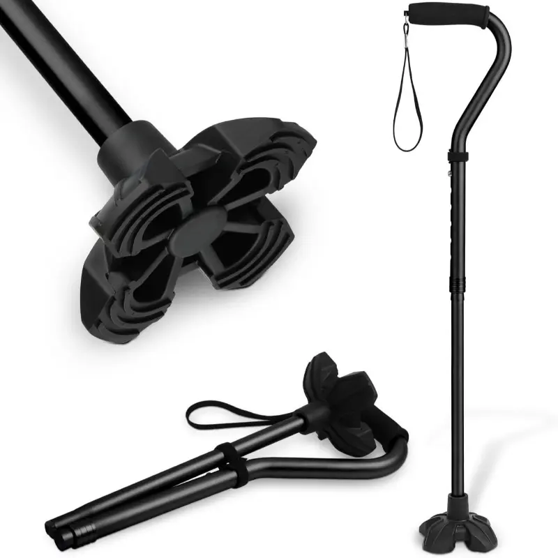 Walking Cane for Seniors Men and Women Self Standing with Wrist Strap Lightweight Sturdy Offset EVA Handle Large Quad Base