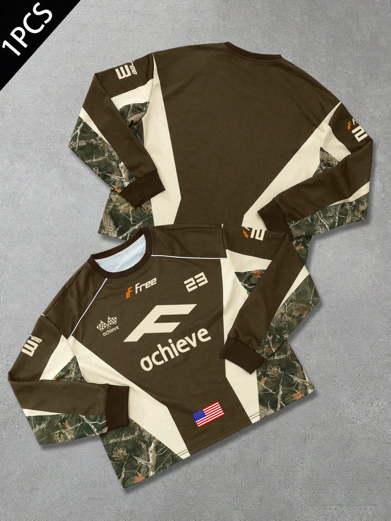 Unisex Streetwear Casual Aesthetic Racing Culture Long Sleeve Fitted T-Shirt, Achieve Letter & Flag Print, Graphic Camo Tree Pattern, Camouflage, Fall Winter Fashion Trend
