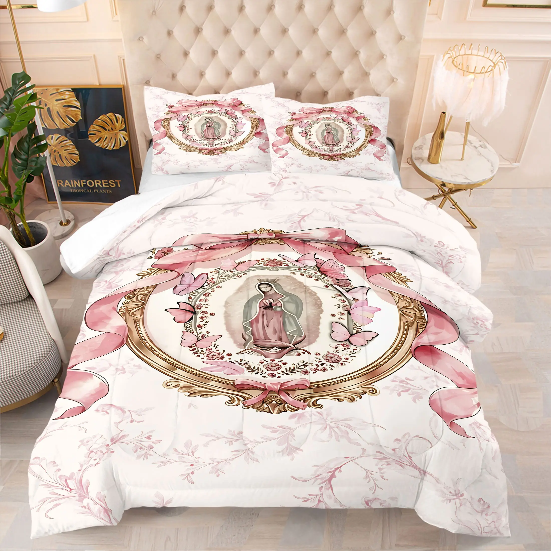 Our Lady of Guadalupe Saint Virgin Mary Comforter Set with 1/2 Pillowcases, Vintage Gold Ornate Wreath Flower Pattern Print, Printed Bedding Set, Gift for Women and Adults, Cultural Gift for Mexican Folk Art Fans