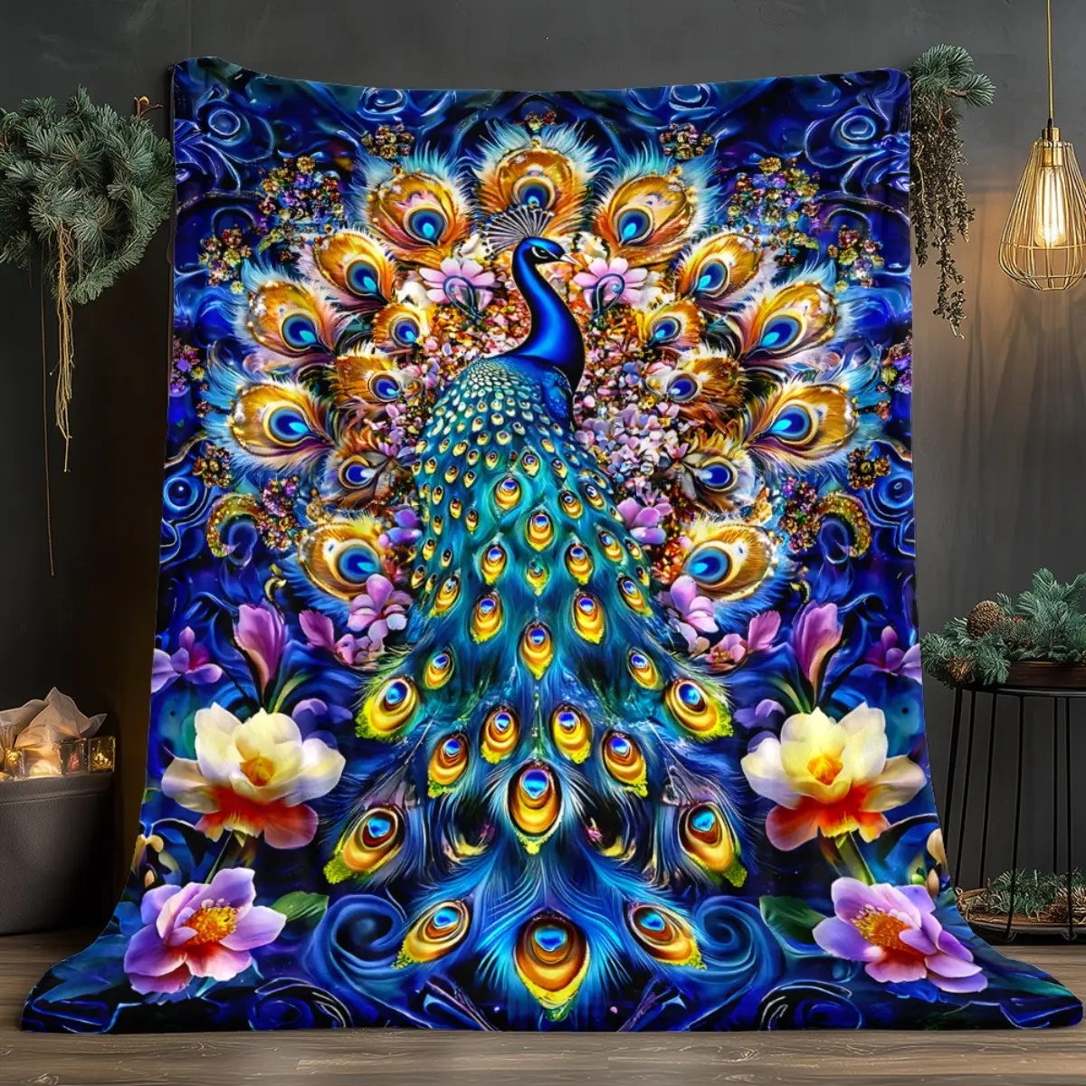 1pc Peacock with Colorful Feathers and Flowers Ultra Soft Lightweight Blanket-Cozy Warm Throw for Camping Travel, Holiday Gift for Loved Ones, All Seasons Use on Sofa Bed Office Living Room Halloween Christmas Gift 2d Flat, 2D Flat, Full Print, One-Piece