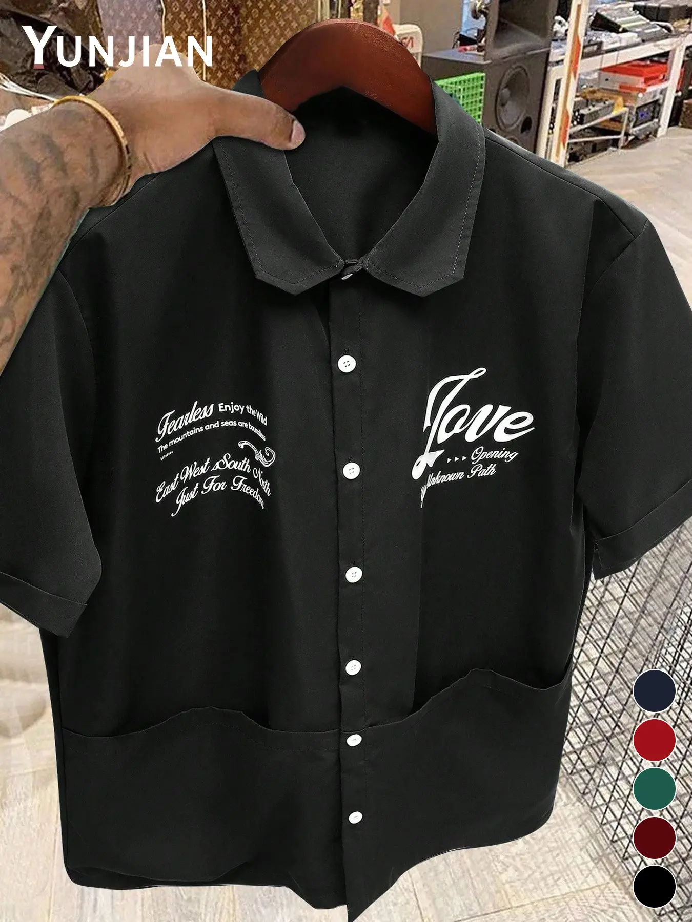 Loose Cuban Collar Short Sleeve Shirt, Vintage Script Print, Large Pockets, Breathable Summer Streetwear, Unisex Casual Top